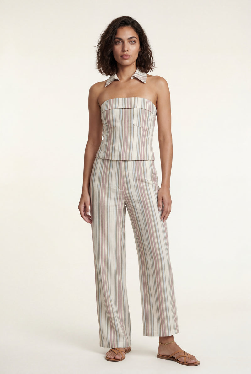Light Blue Striped Halter Neck Two Piece Set with Wide Leg Pants - Photo 1