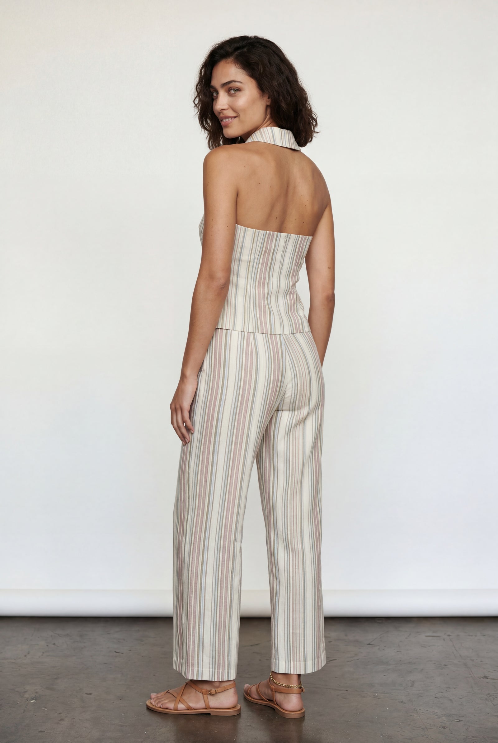 Light Blue Striped Halter Neck Two Piece Set with Wide Leg Pants - Photo 2