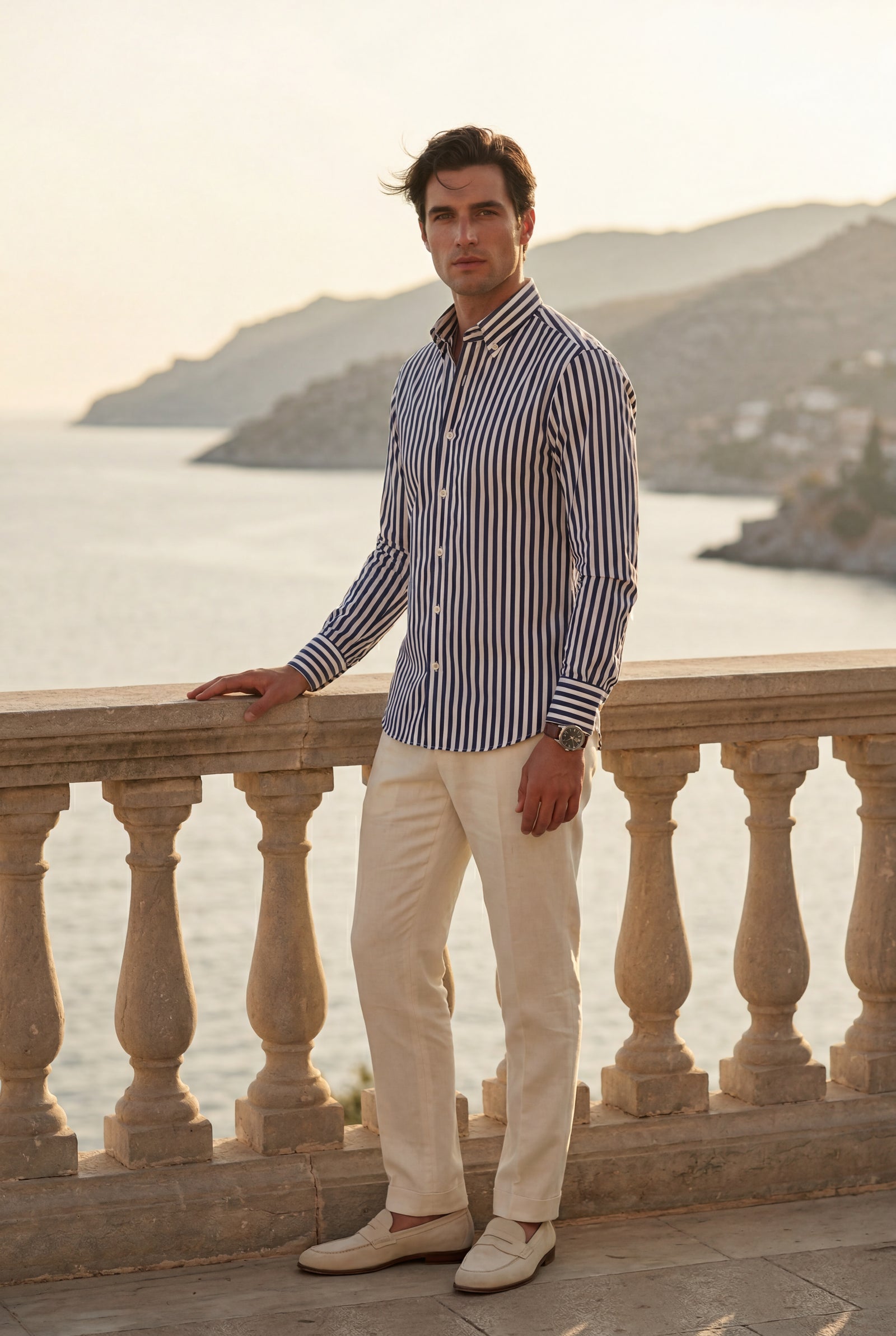Navy Blue Tailored Vertical Stripe Button-down Dress Shirt - Dress Shirts - Photo 18