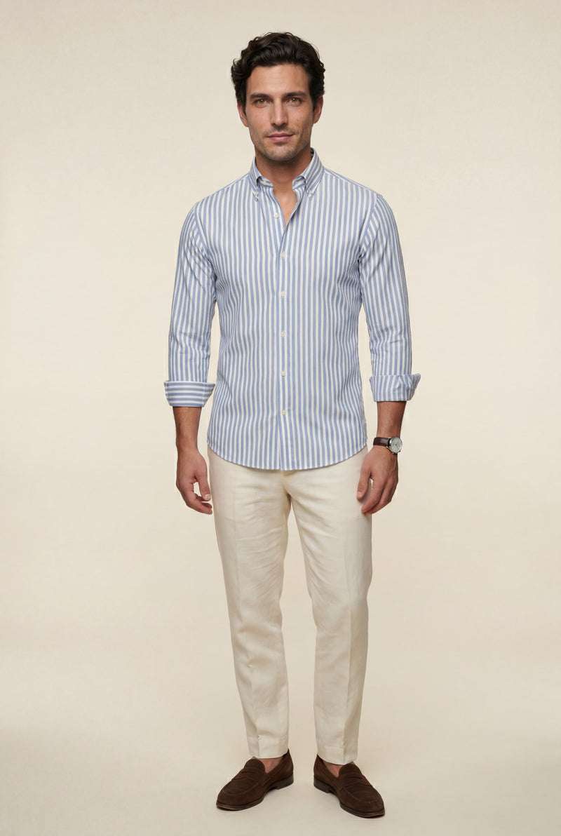 Light Blue Tailored Vertical Stripe Button-down Dress Shirt - Dress Shirts - Photo 2