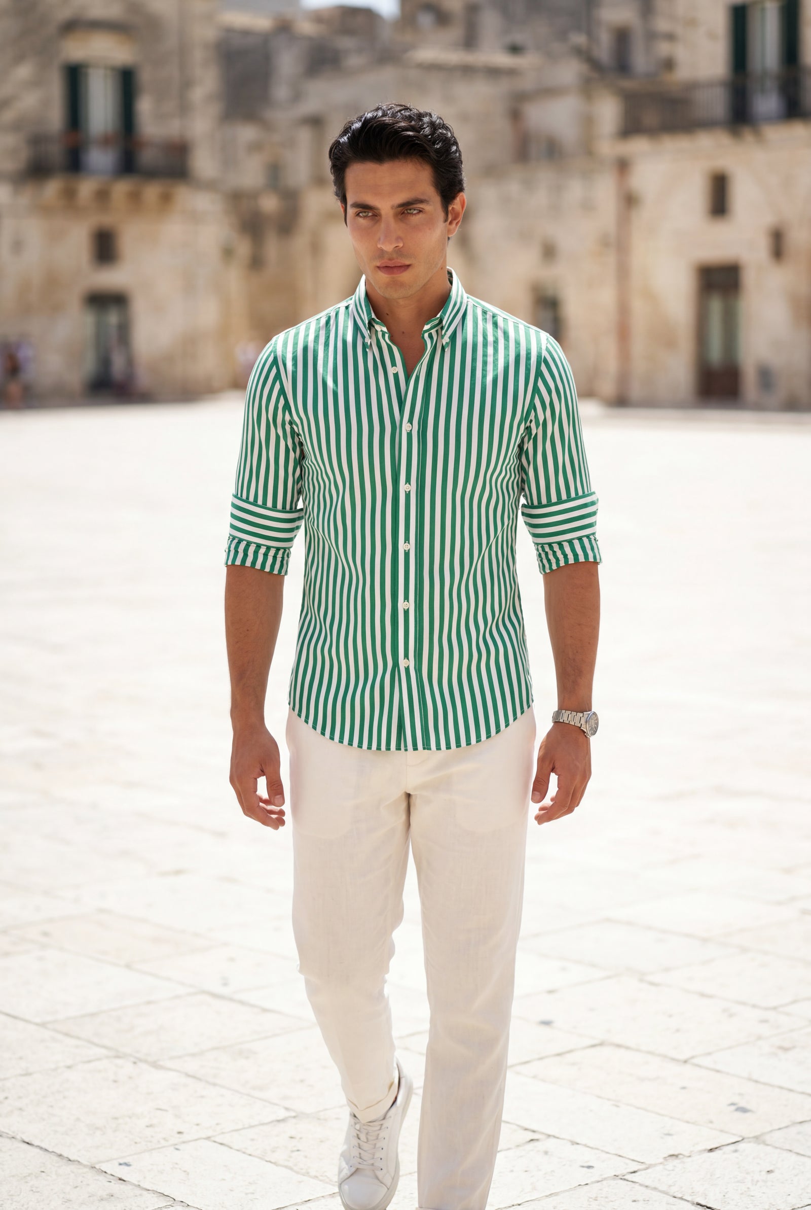 Green Tailored Vertical Stripe Button-down Dress Shirt - Dress Shirts - Photo 4