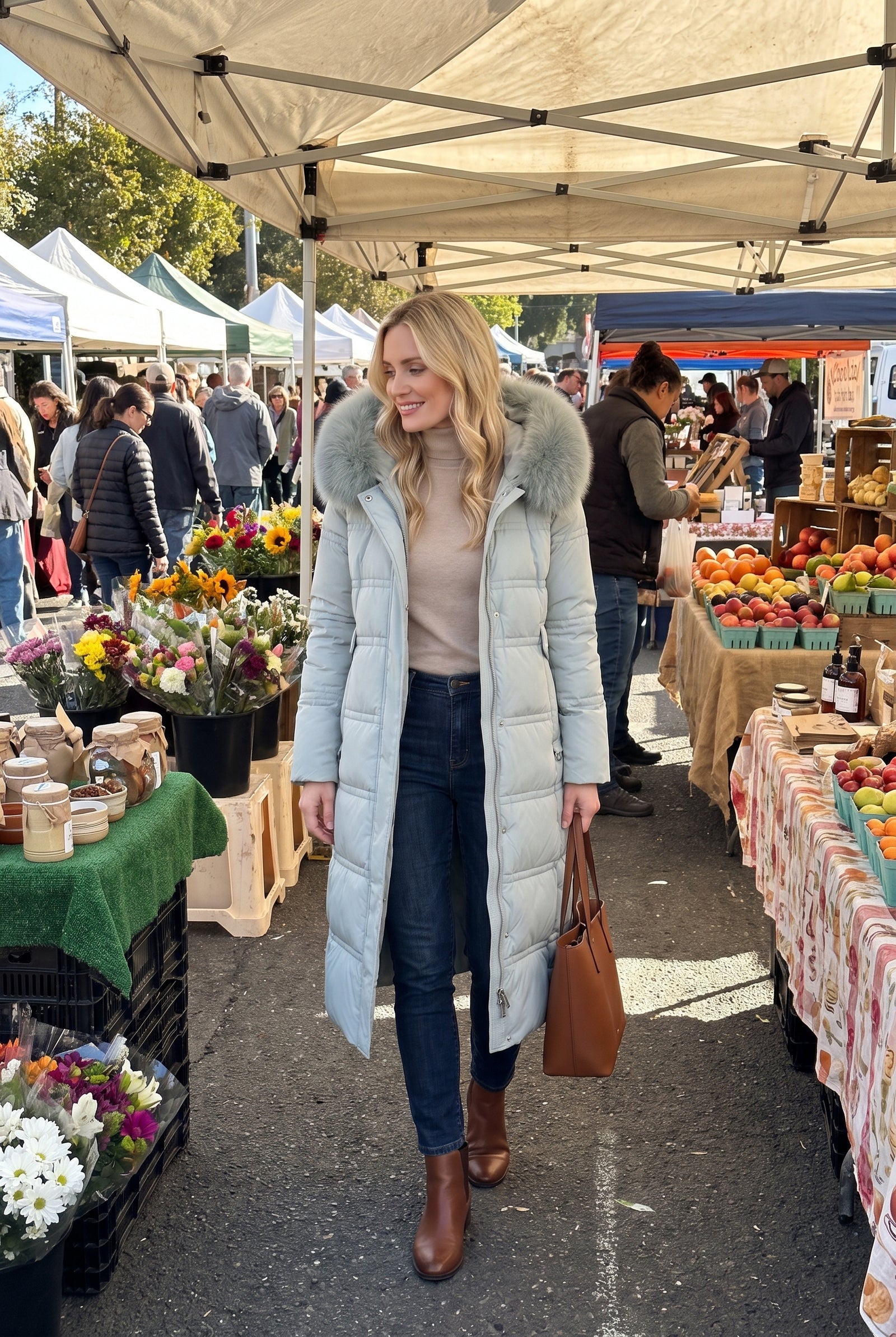 Women's Long Parka Relaxed Fit in Light Blue — candid walk