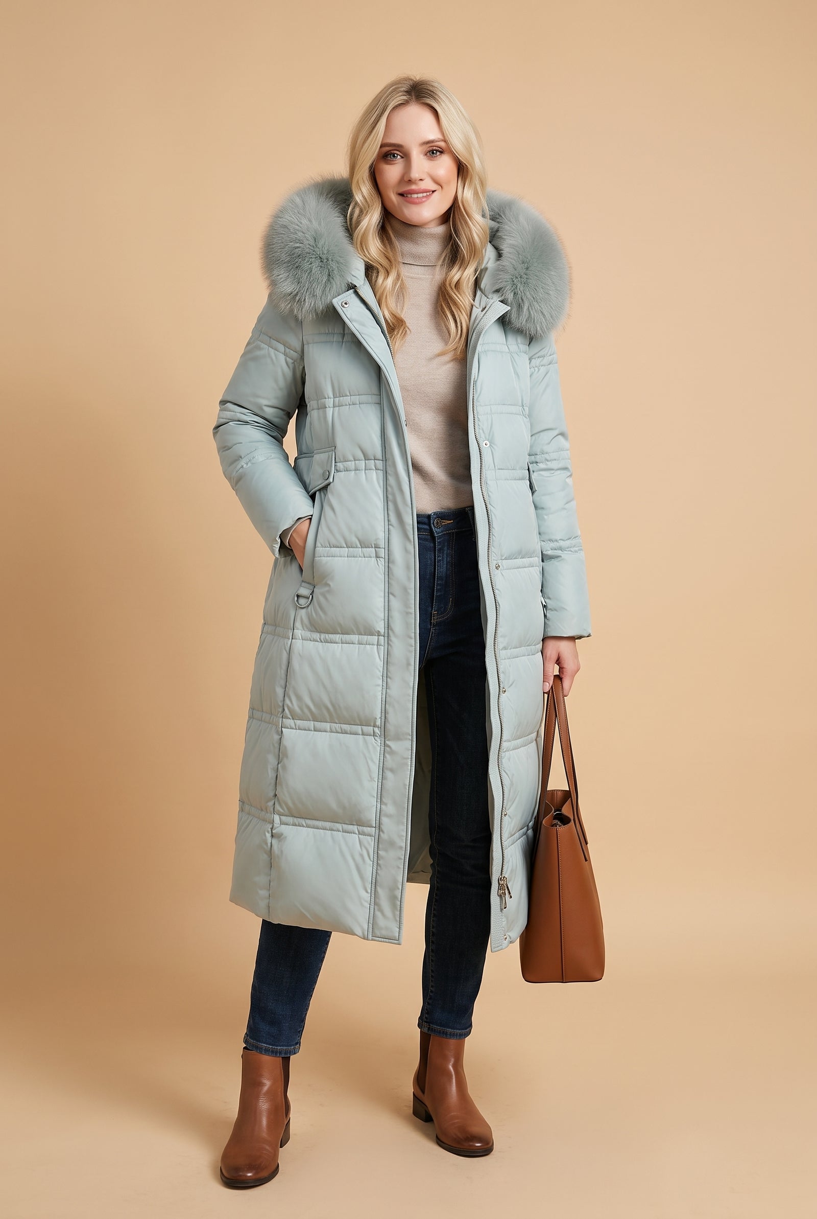 Women's Long Parka Relaxed Fit in Light Blue — studio front