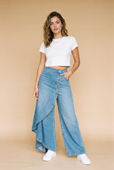Women's Wide Leg Pants Side Button in Light Blue — studio full