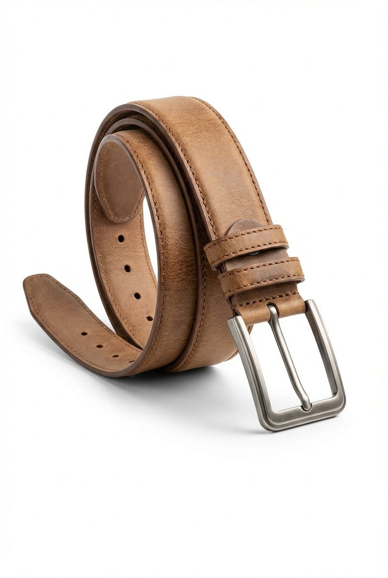 Light Brown Brushed Silver Buckle Classic Dress Belt - Dress belts - Photo 1