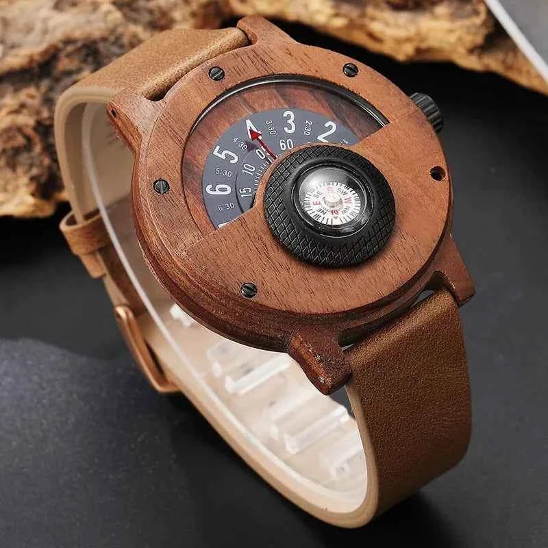 Light Brown Compass Detail Wooden Analog Watch with Strap - Analog watches - Photo 2