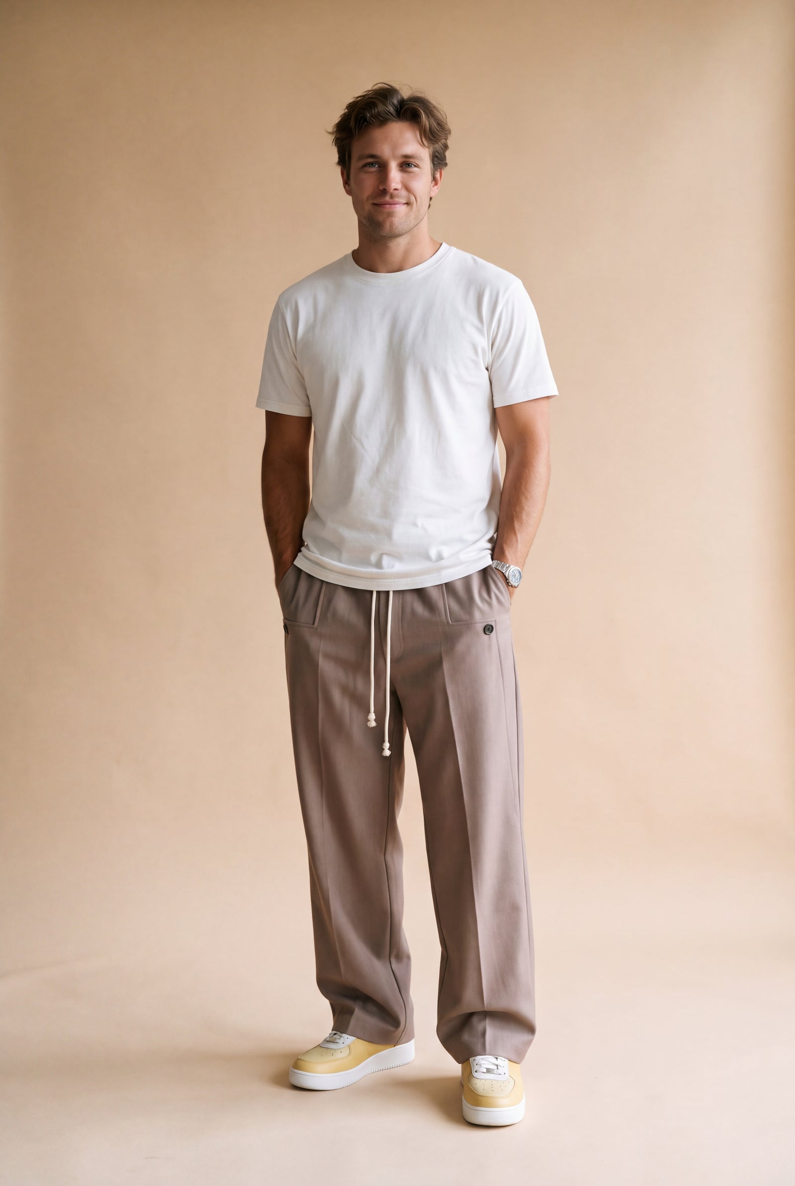 Men's Trousers Wide Leg Drawstring in Light Brown — studio full
