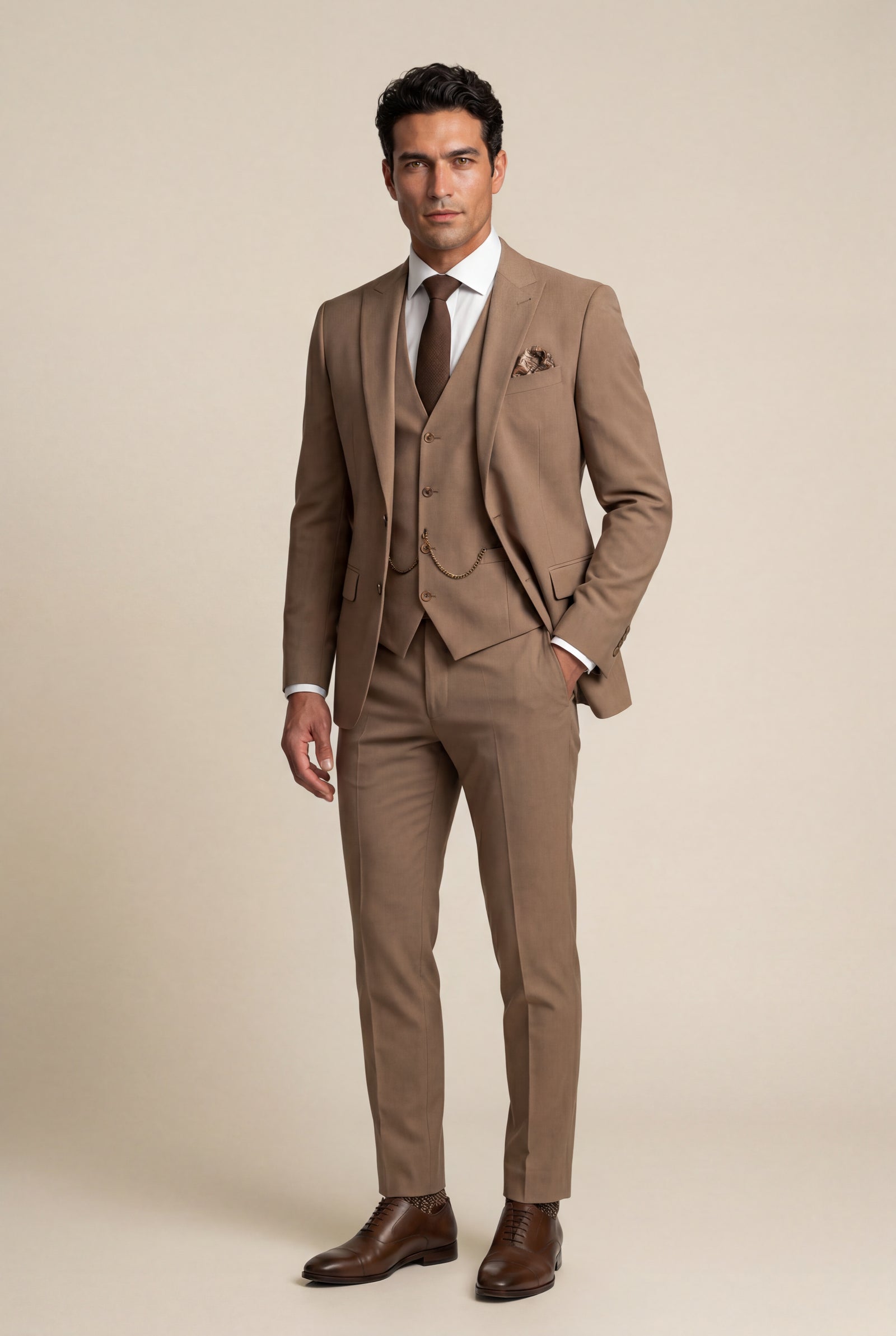Light Brown Notch Lapel Tailored Three-piece Suit - Photo 11