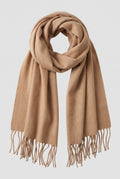 Scarf Tassel Wrap in Light Brown — studio front