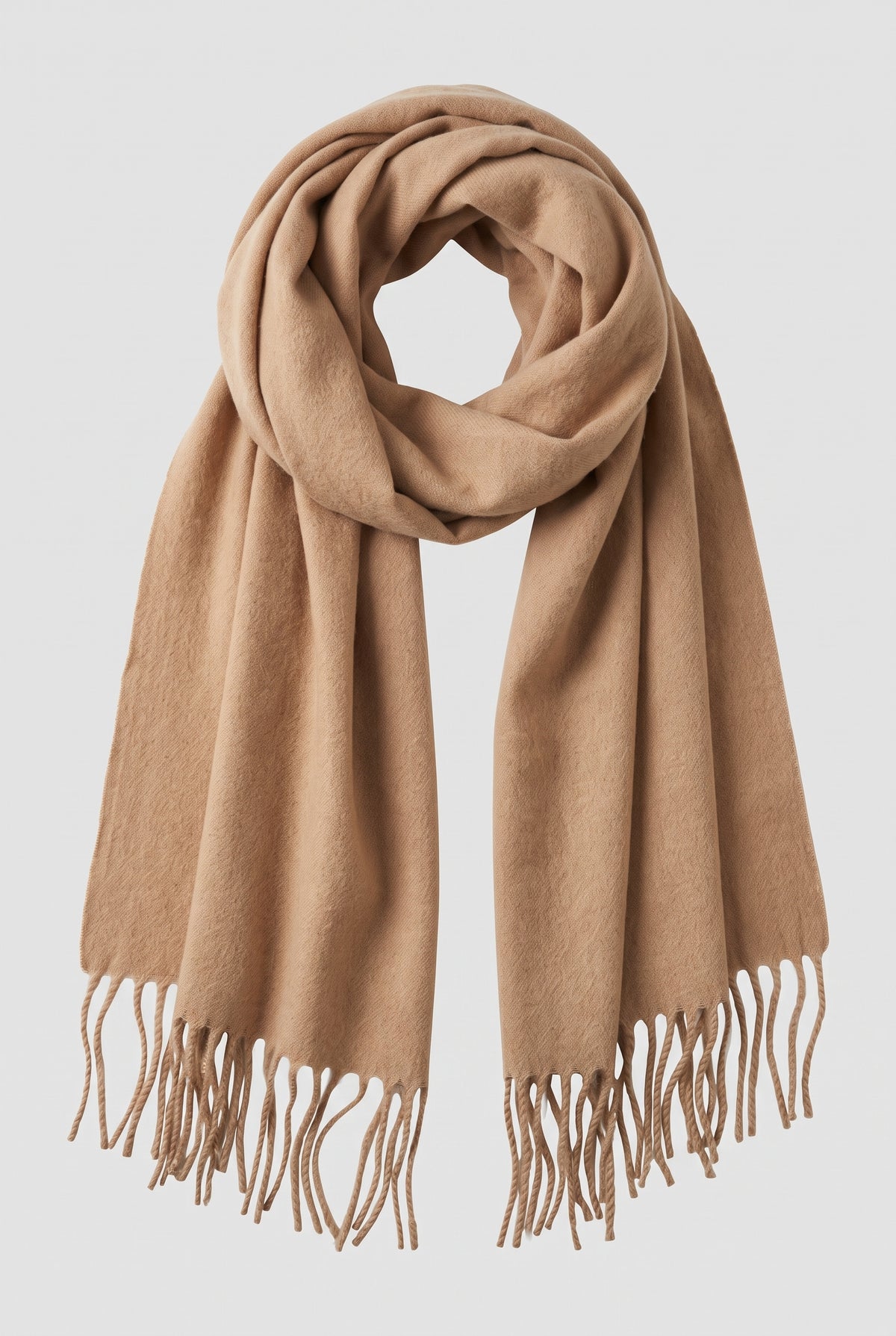 Scarf Tassel Wrap in Light Brown — studio front