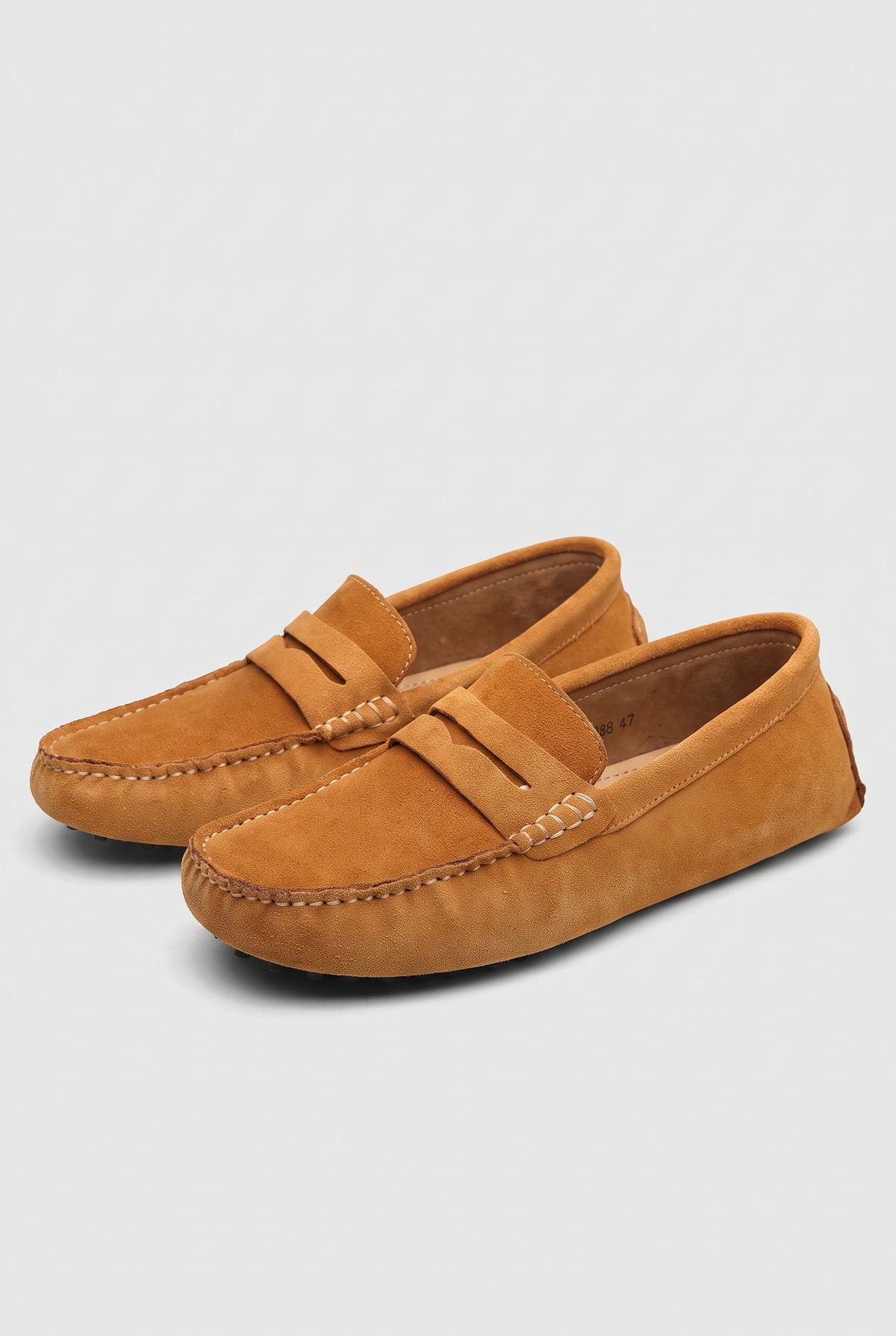 Suede Moccasin Loafers in Light Brown — studio front