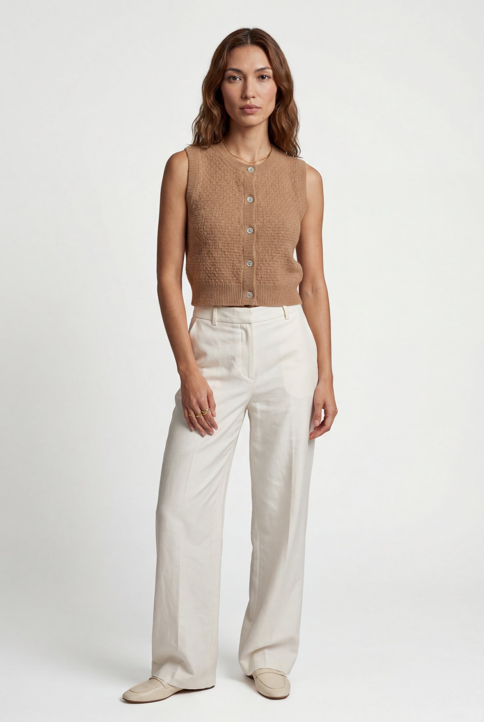 Light Brown Textured Button-front Gilet Vest with Crew Neckline - Photo 9