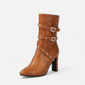 Light Brown Women's Studded Buckle Strap Pointed Toe Ankle Boots - Photo 7