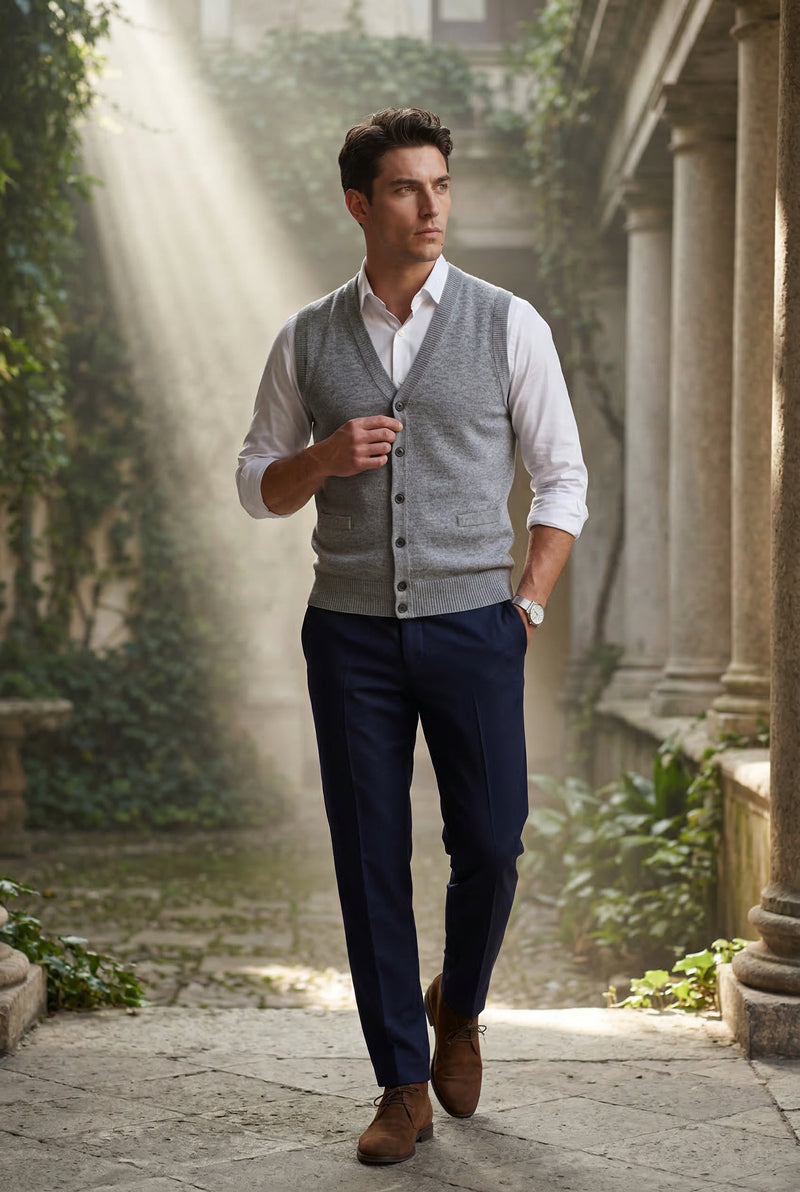 Light Gray Button-front V-neck Sleeveless Sweater Vest - Photo 2