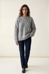 Light Gray Chunky Cable Relaxed Crewneck Sweater - Chunky knit sweater - Photo 1