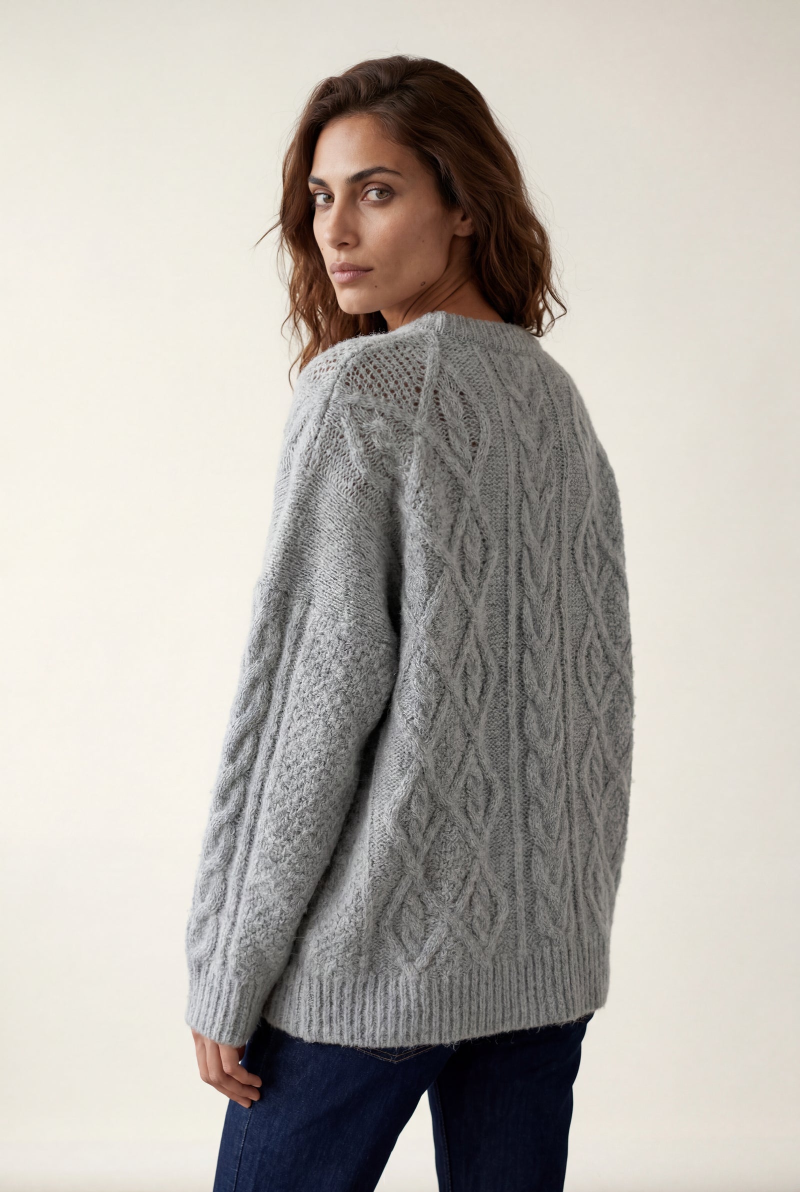 Light Gray Chunky Cable Relaxed Crewneck Sweater - Chunky knit sweater - Photo 2
