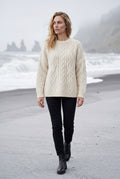 White Chunky Cable Relaxed Crewneck Sweater - Chunky knit sweater - Photo 3