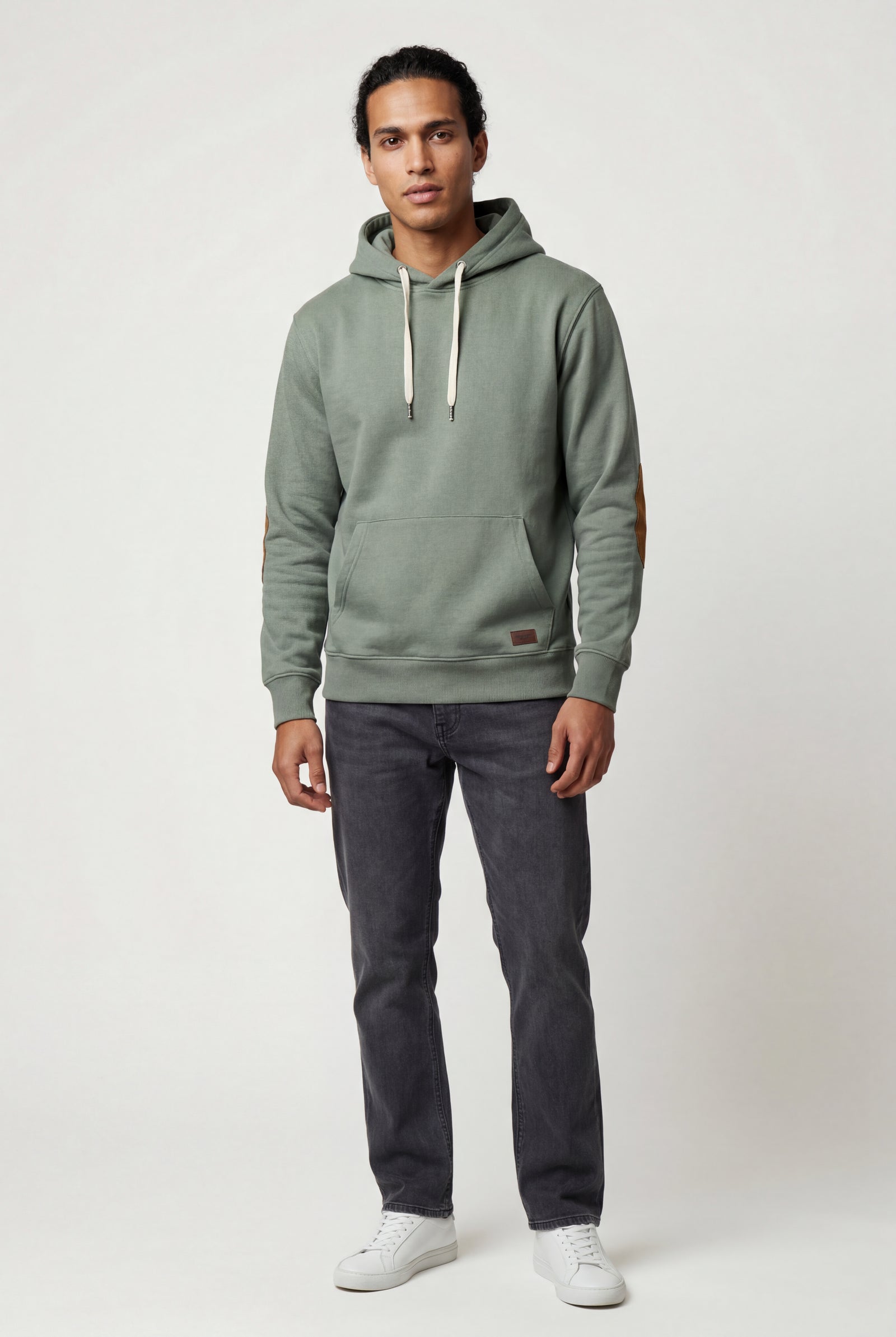 Light Gray Contrast Elbow Patch Pullover Hoodie with Drawstring Hood - Men's hoodie - Photo 4