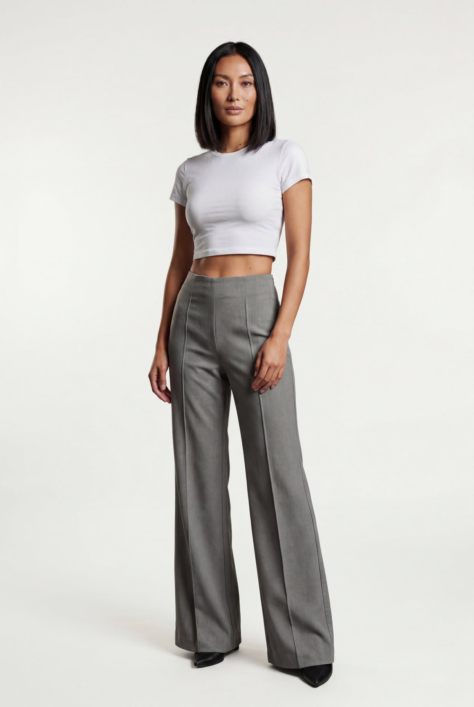 Light Gray High-waisted Tailored Wide-leg Trousers with Creased Front - Wide leg trousers - Photo 6