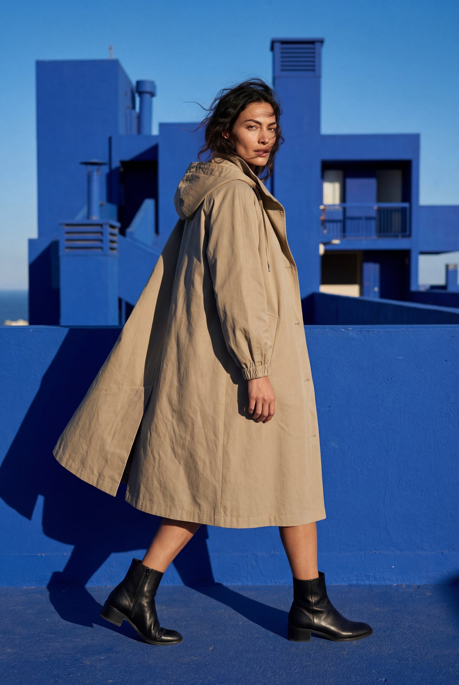 Beige Hooded Snap Button Long Parka Coat with Adjustable Waist - Long coat - Photo 10