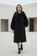 Black Hooded Snap Button Long Parka Coat with Adjustable Waist - Long coat - Photo 11