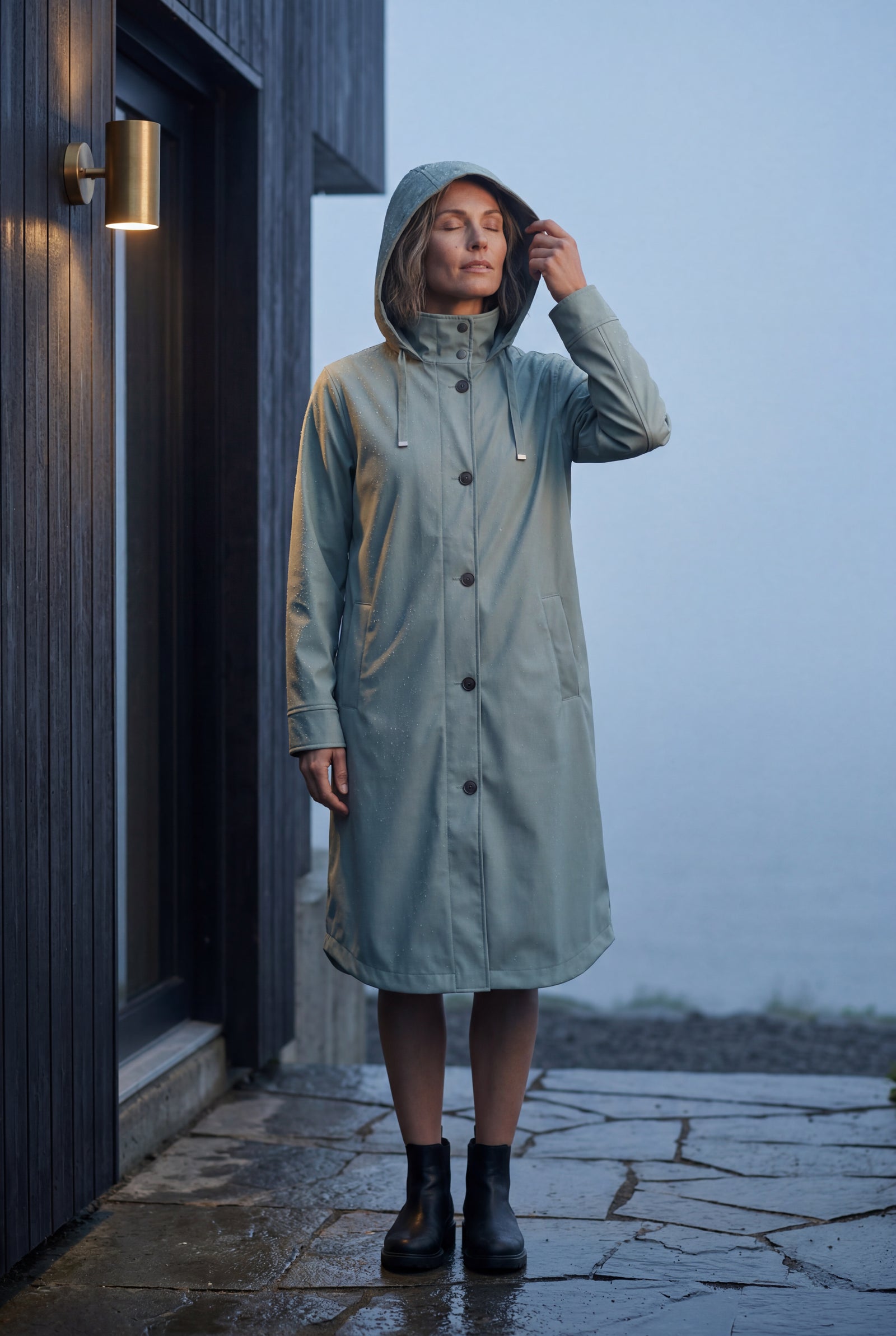 Light Blue Hooded Snap Button Long Parka Coat with Adjustable Waist - Long coat - Photo 16
