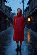 Red Hooded Snap Button Long Parka Coat with Adjustable Waist - Long coat - Photo 17