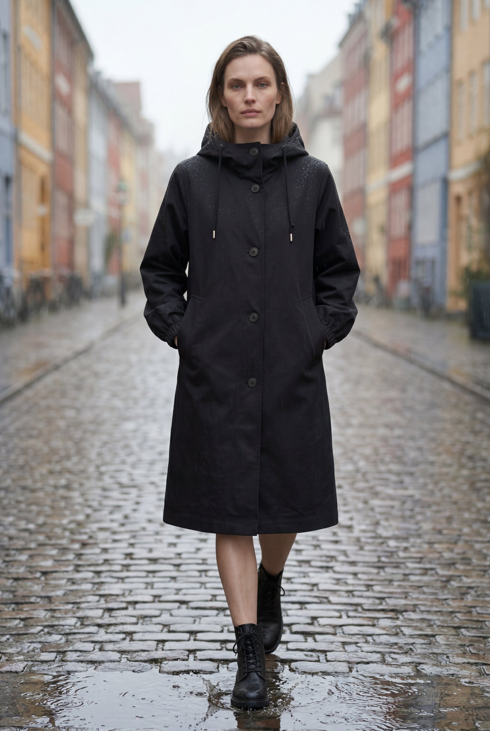 Black Hooded Snap Button Long Parka Coat with Adjustable Waist - Long coat - Photo 18