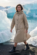 Beige Hooded Snap Button Long Parka Coat with Adjustable Waist - Long coat - Photo 19