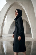 Black Hooded Snap Button Long Parka Coat with Adjustable Waist - Long coat - Photo 21