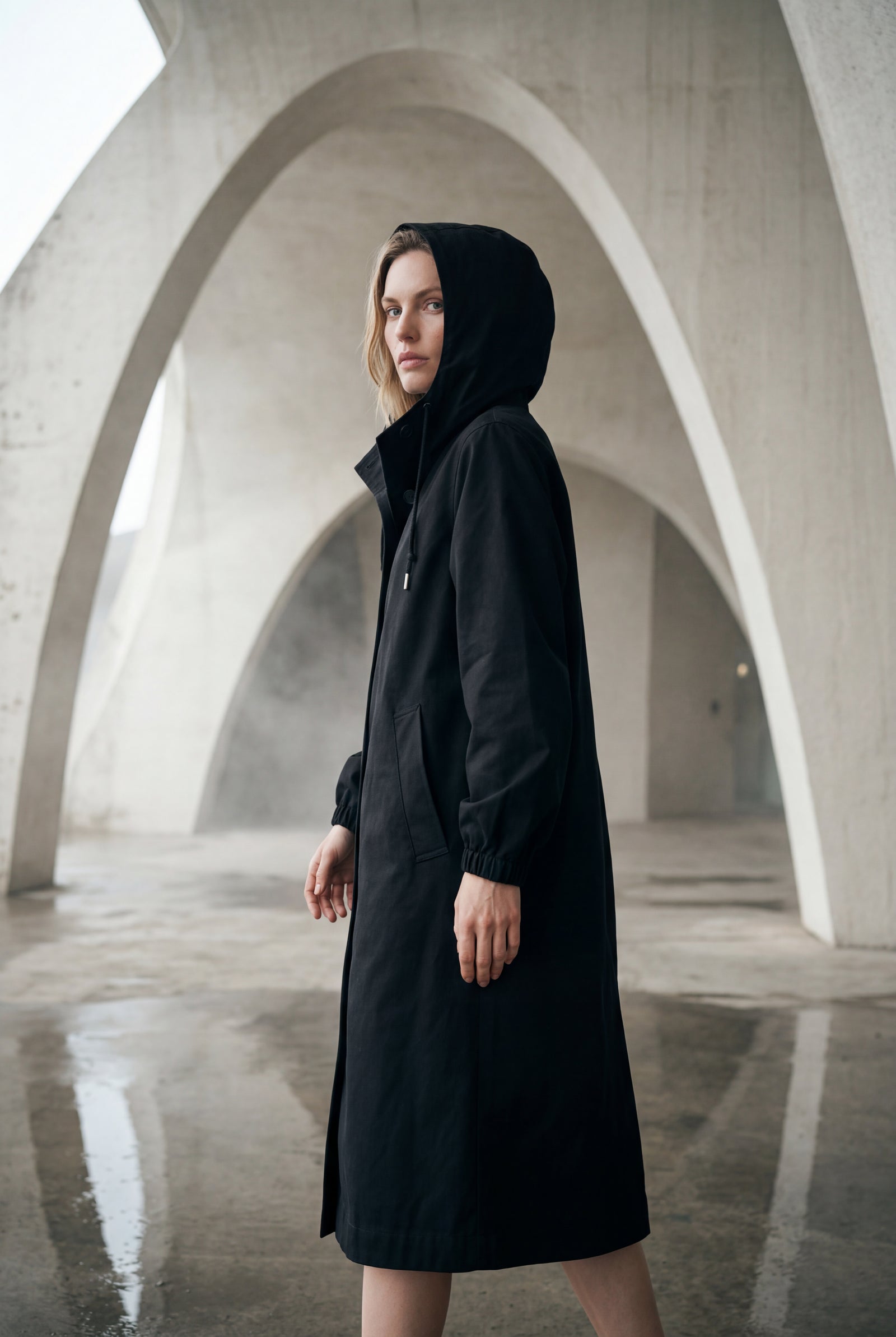 Black Hooded Snap Button Long Parka Coat with Adjustable Waist - Long coat - Photo 21