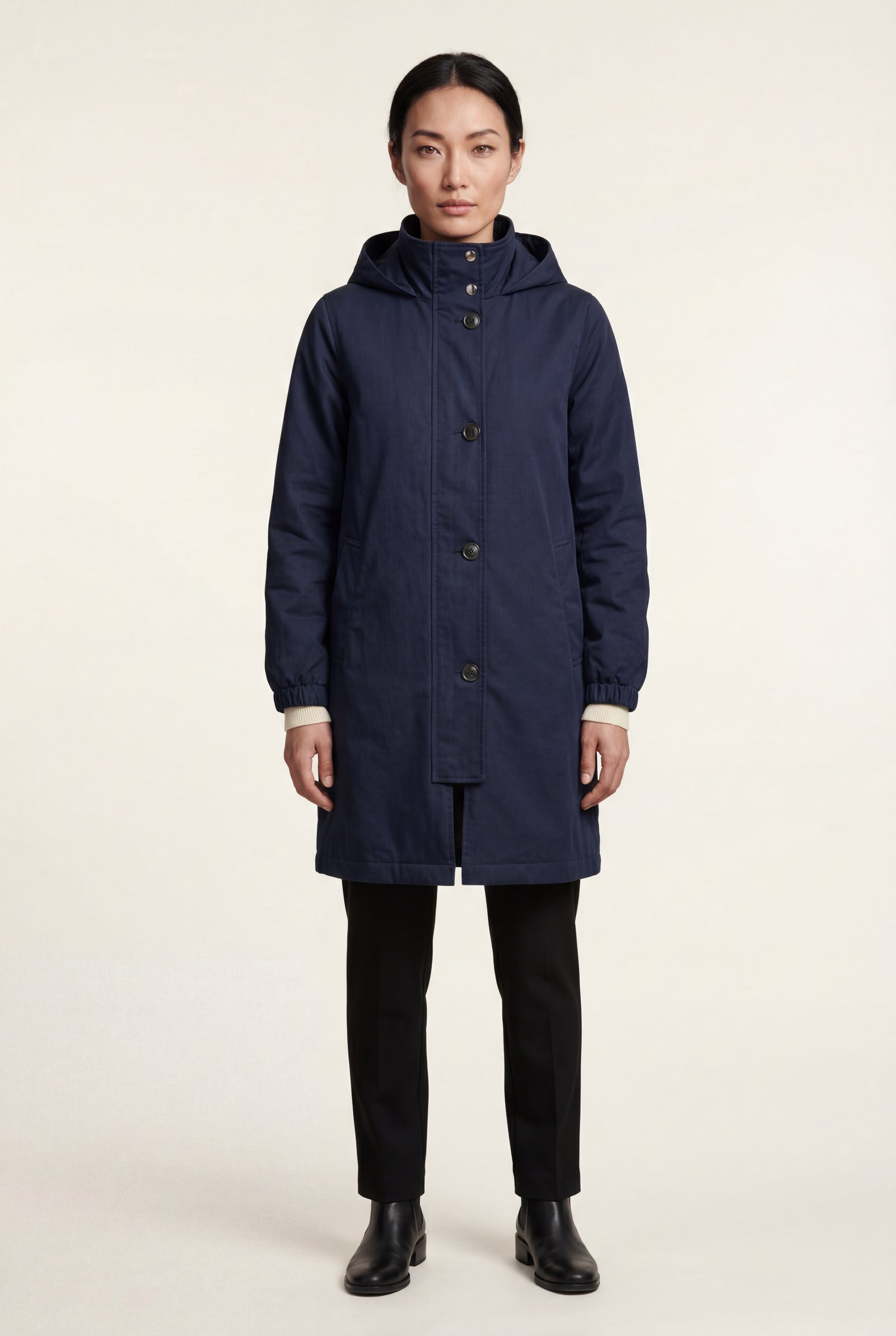 Navy Blue Hooded Snap Button Long Parka Coat with Adjustable Waist - Long coat - Photo 23