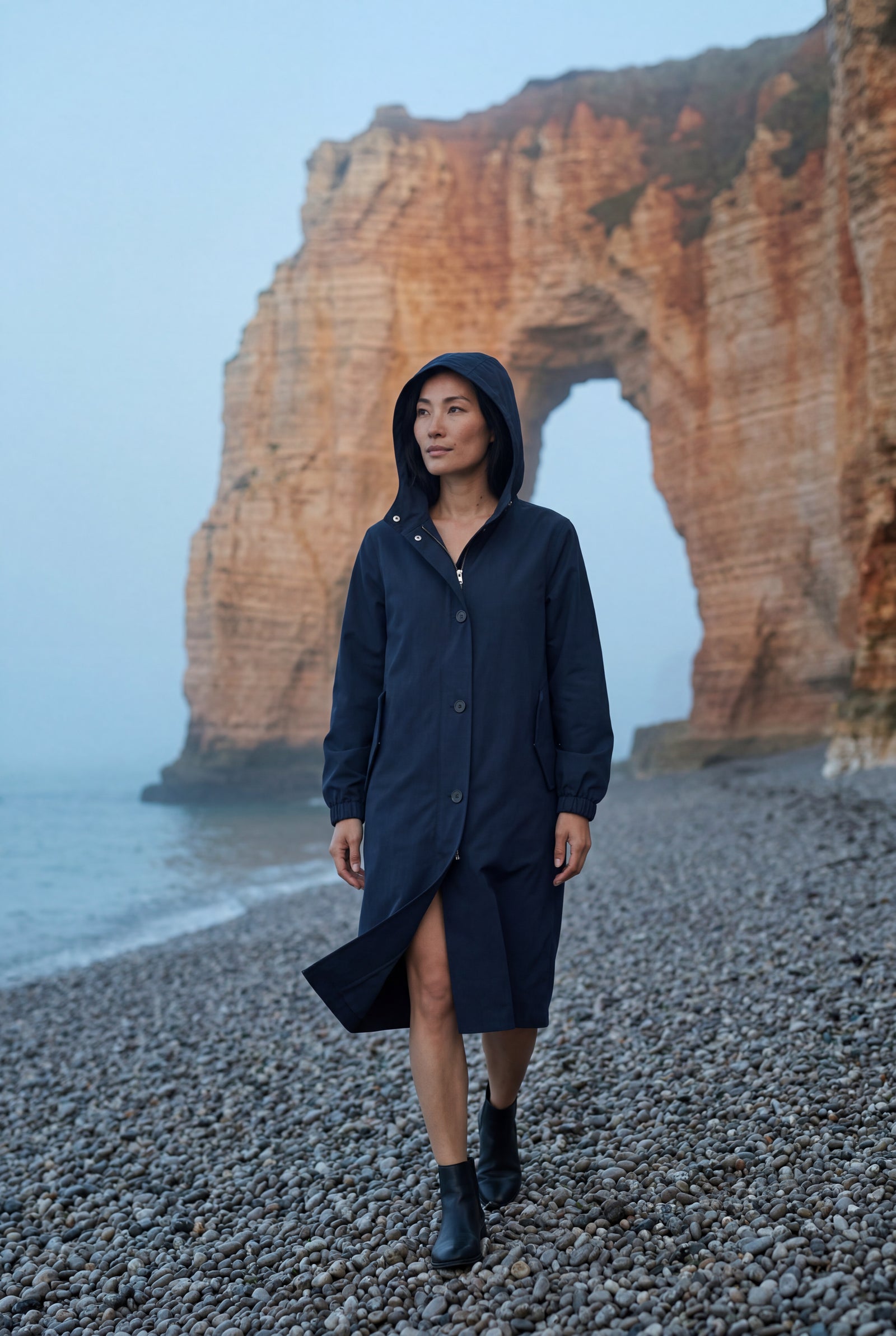 Navy Blue Hooded Snap Button Long Parka Coat with Adjustable Waist - Long coat - Photo 25
