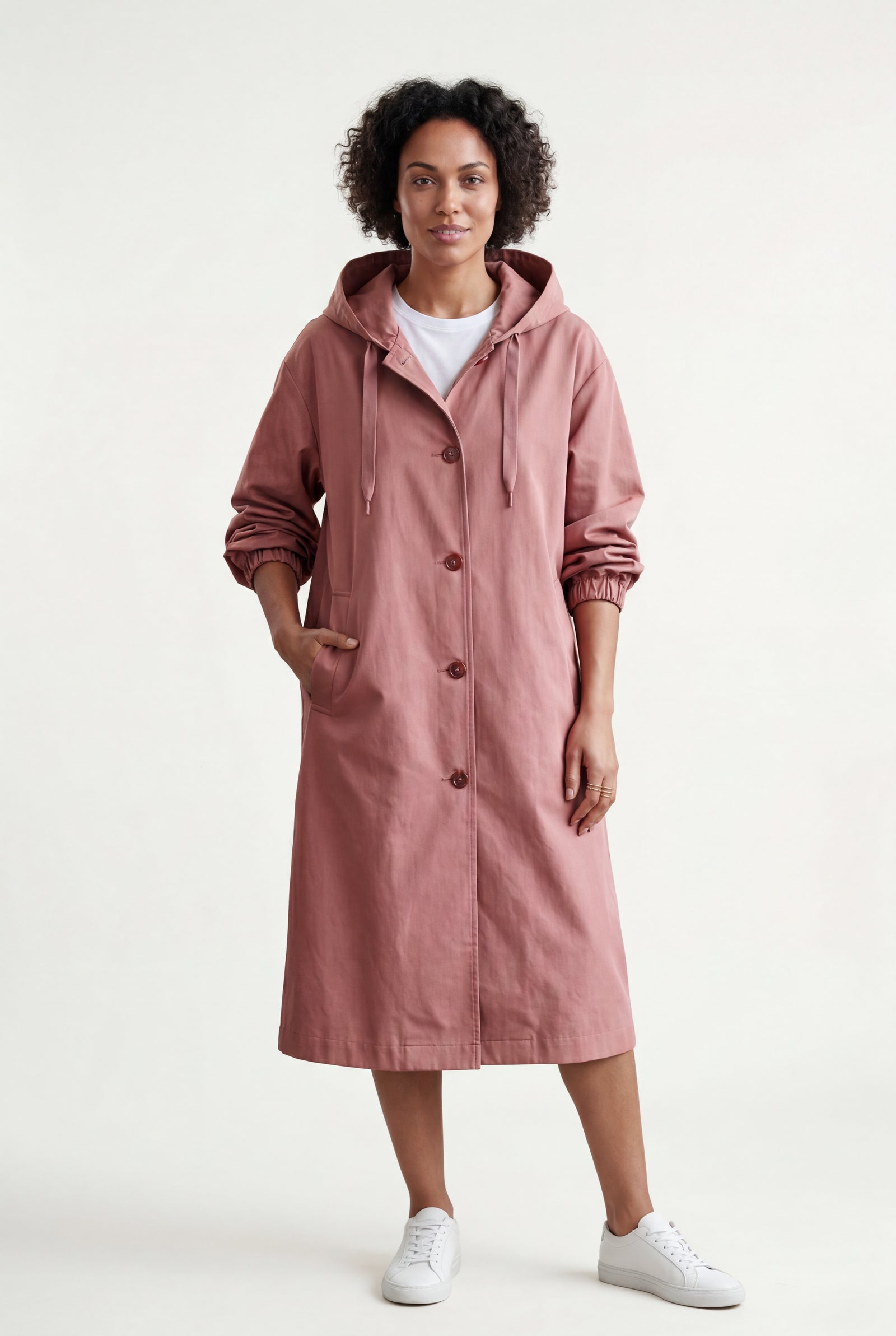 Pink Hooded Snap Button Long Parka Coat with Adjustable Waist - Long coat - Photo 28
