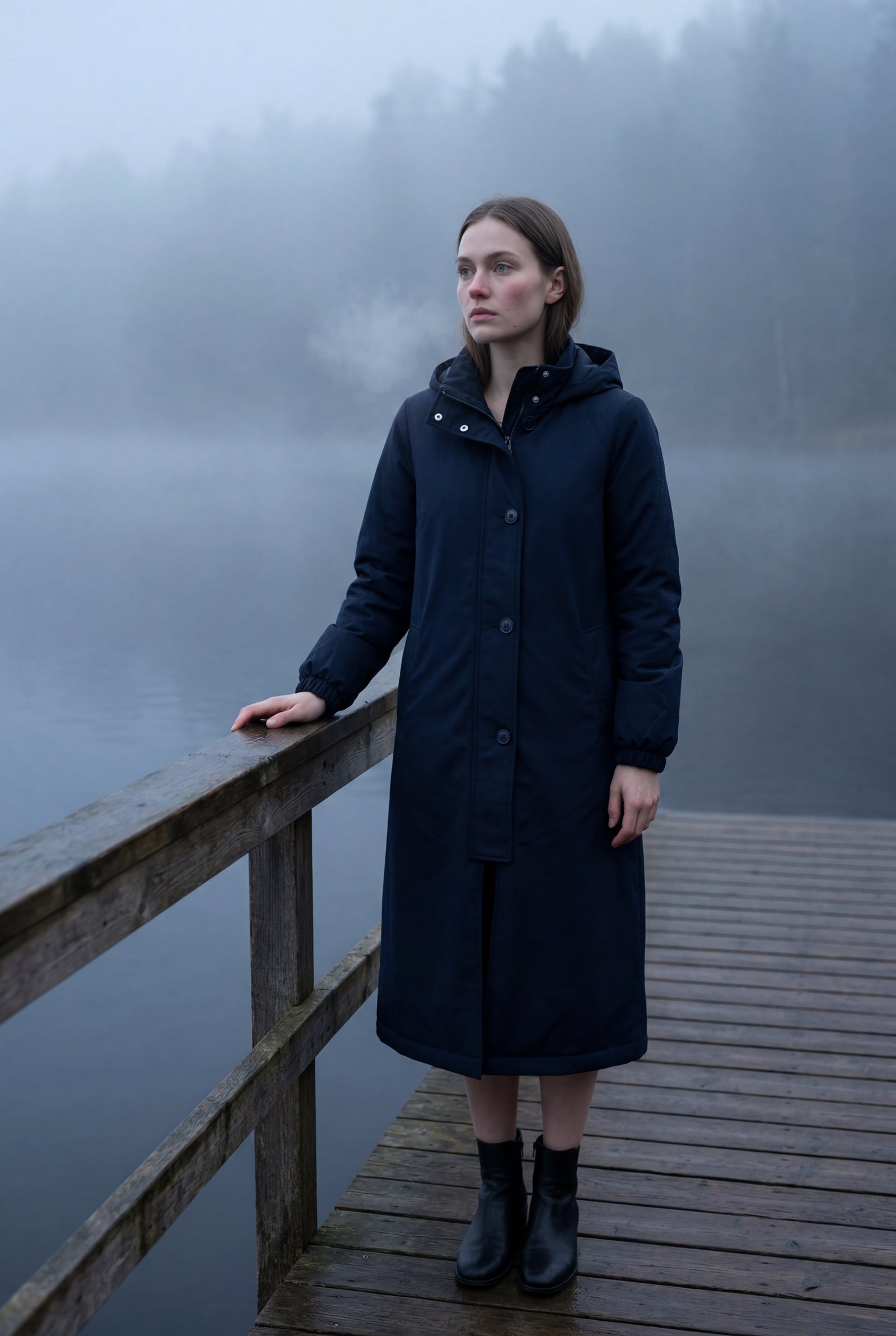 Navy Blue Hooded Snap Button Long Parka Coat with Adjustable Waist - Long coat - Photo 29