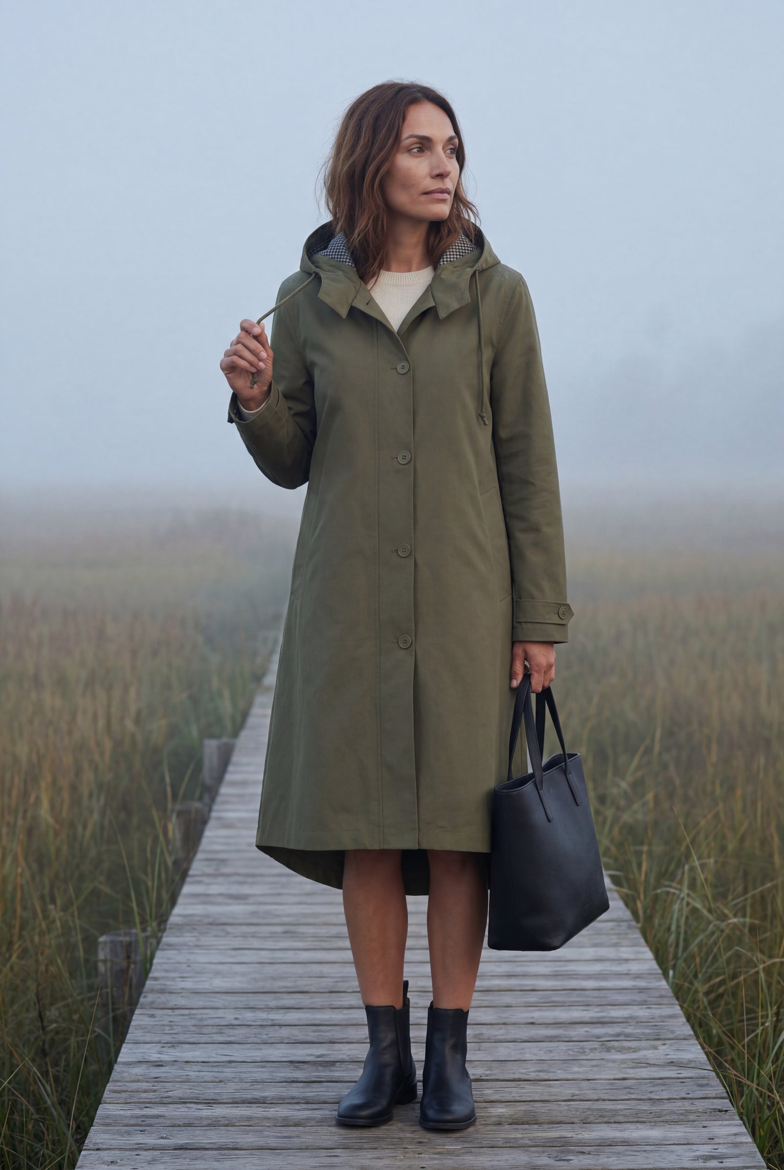 Army Green Hooded Snap Button Long Parka Coat with Adjustable Waist - Long coat - Photo 32