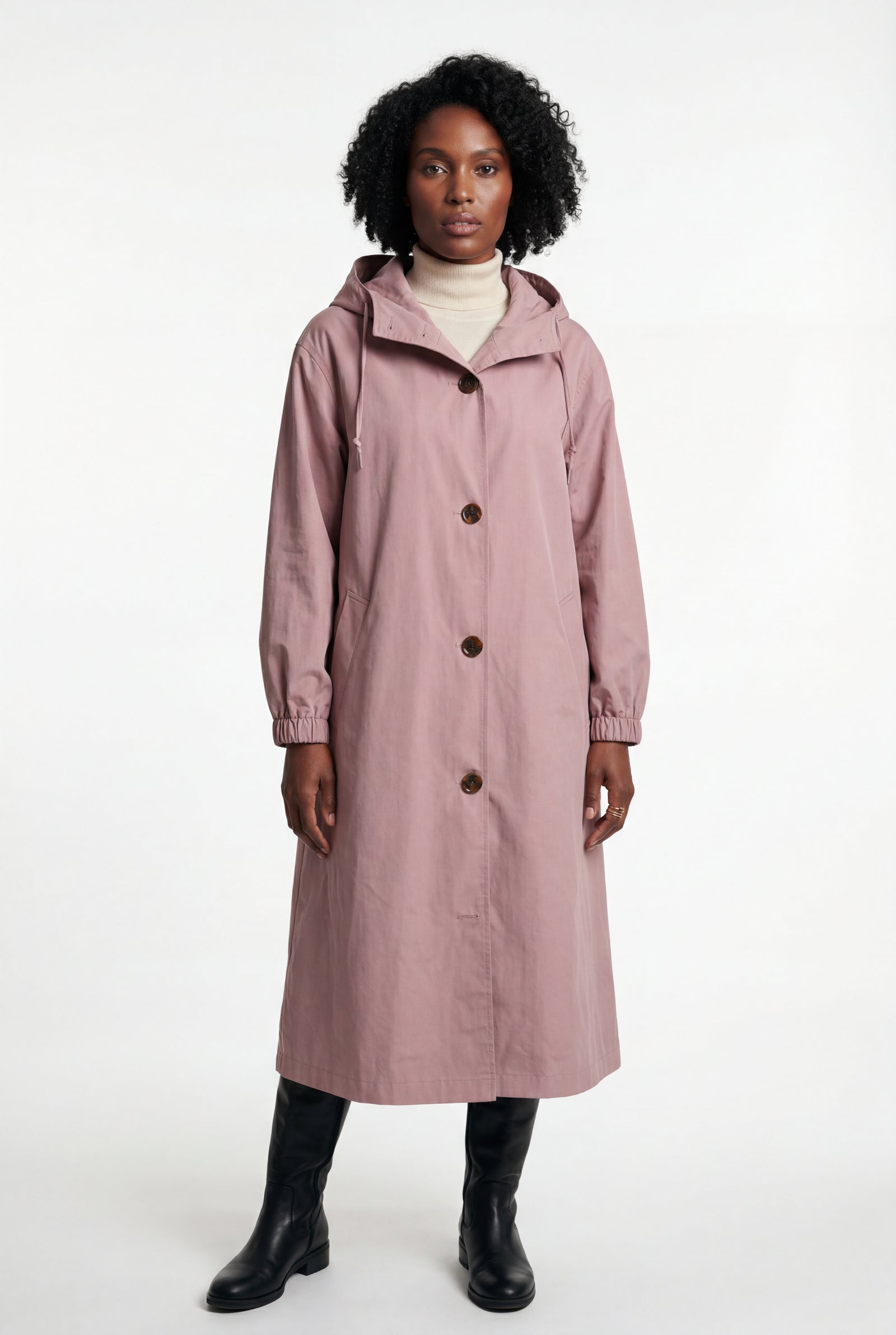 Pink Hooded Snap Button Long Parka Coat with Adjustable Waist - Long coat - Photo 35
