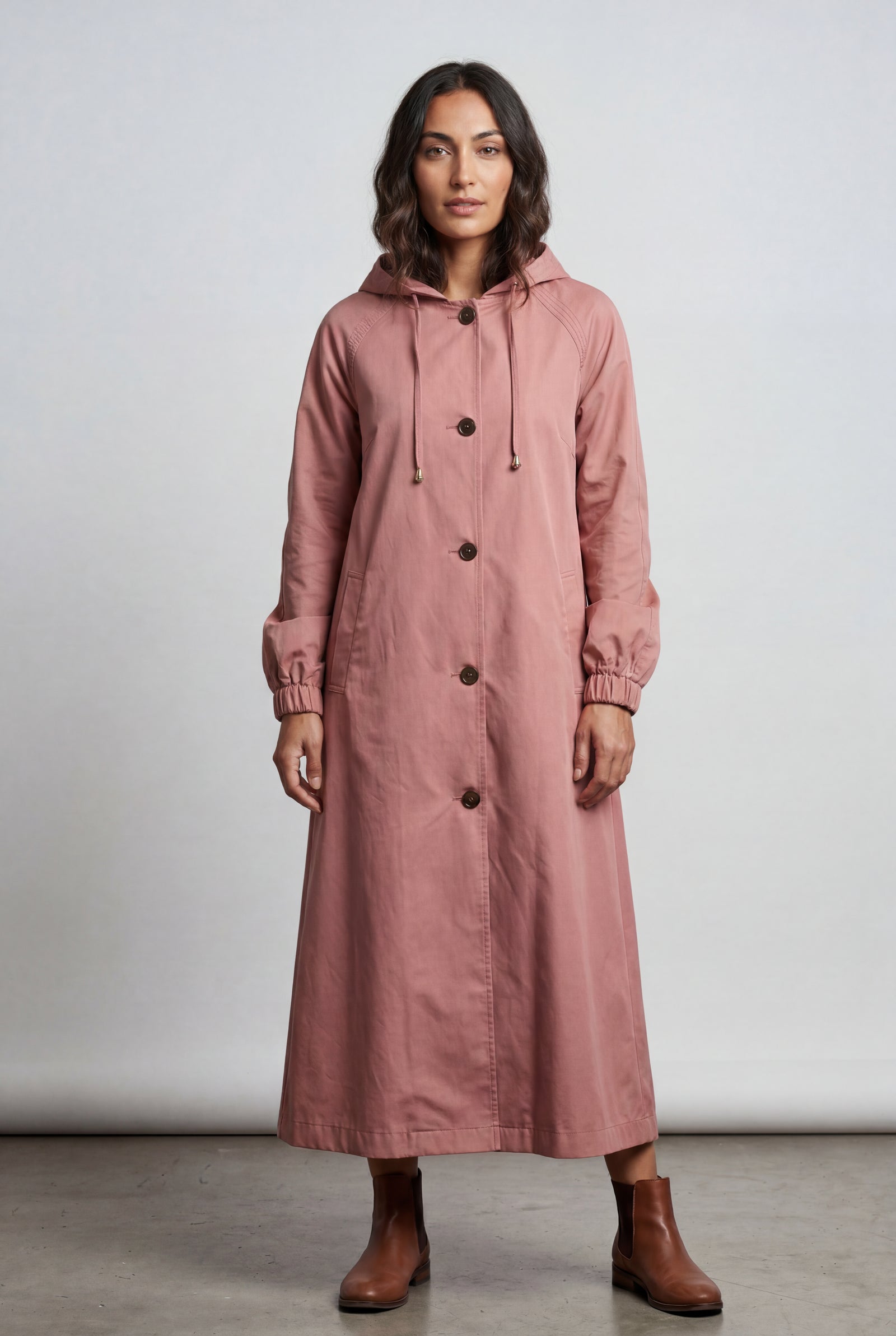 Pink Hooded Snap Button Long Parka Coat with Adjustable Waist - Long coat - Photo 42