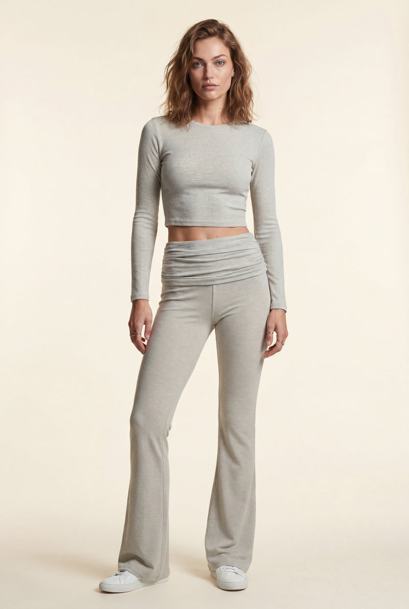 Light Gray Light Gray Ribbed Crop Top and Flared Pants Set - Two-piece set - Photo 1