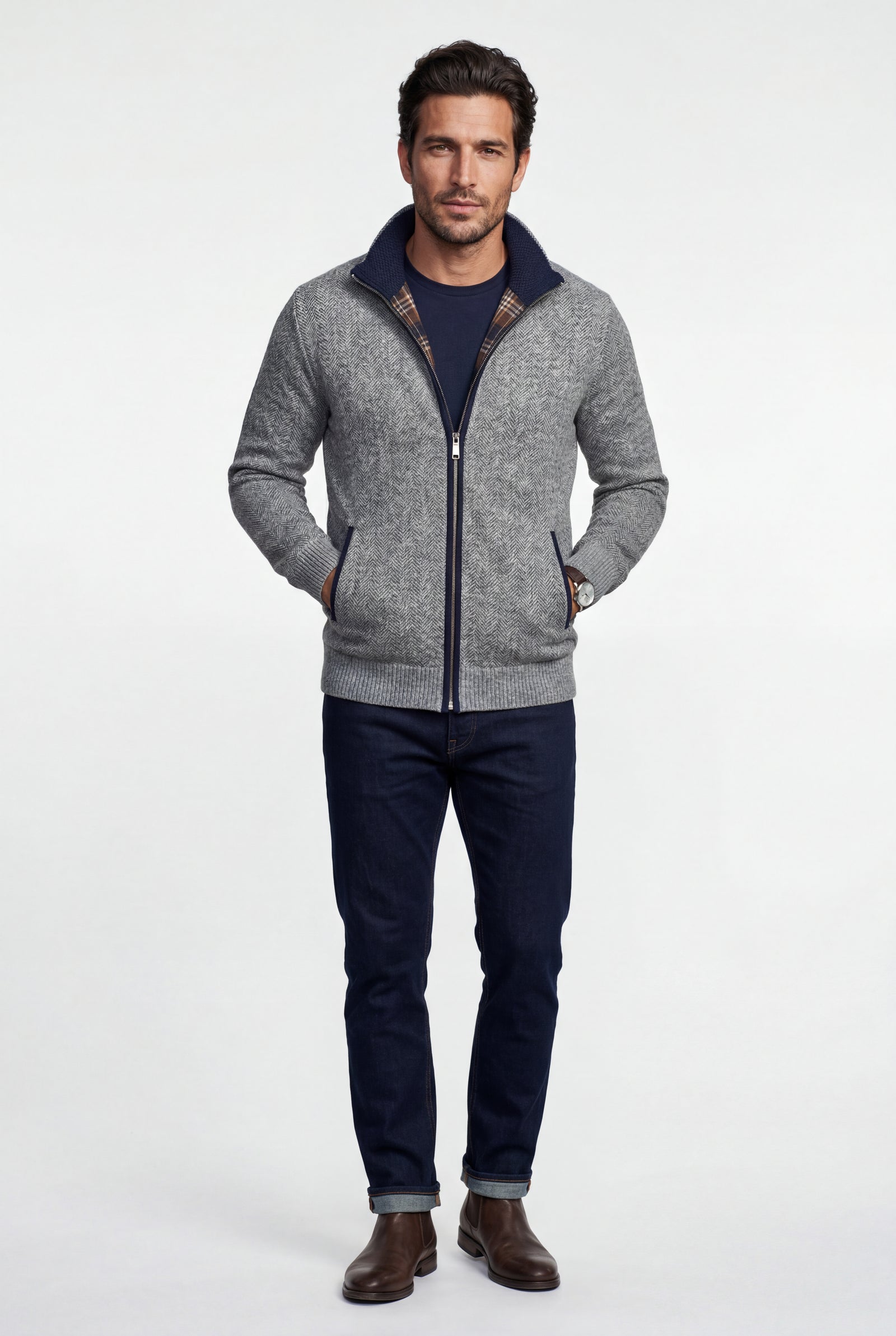 Light Gray Marled Full-zip Mock Neck Cardigan with Ribbed Trim - Gilet - Photo 4