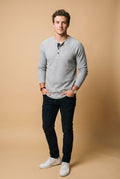 Men's Henley Shirt Long Sleeve Button Placket in Light Gray — studio front full body
