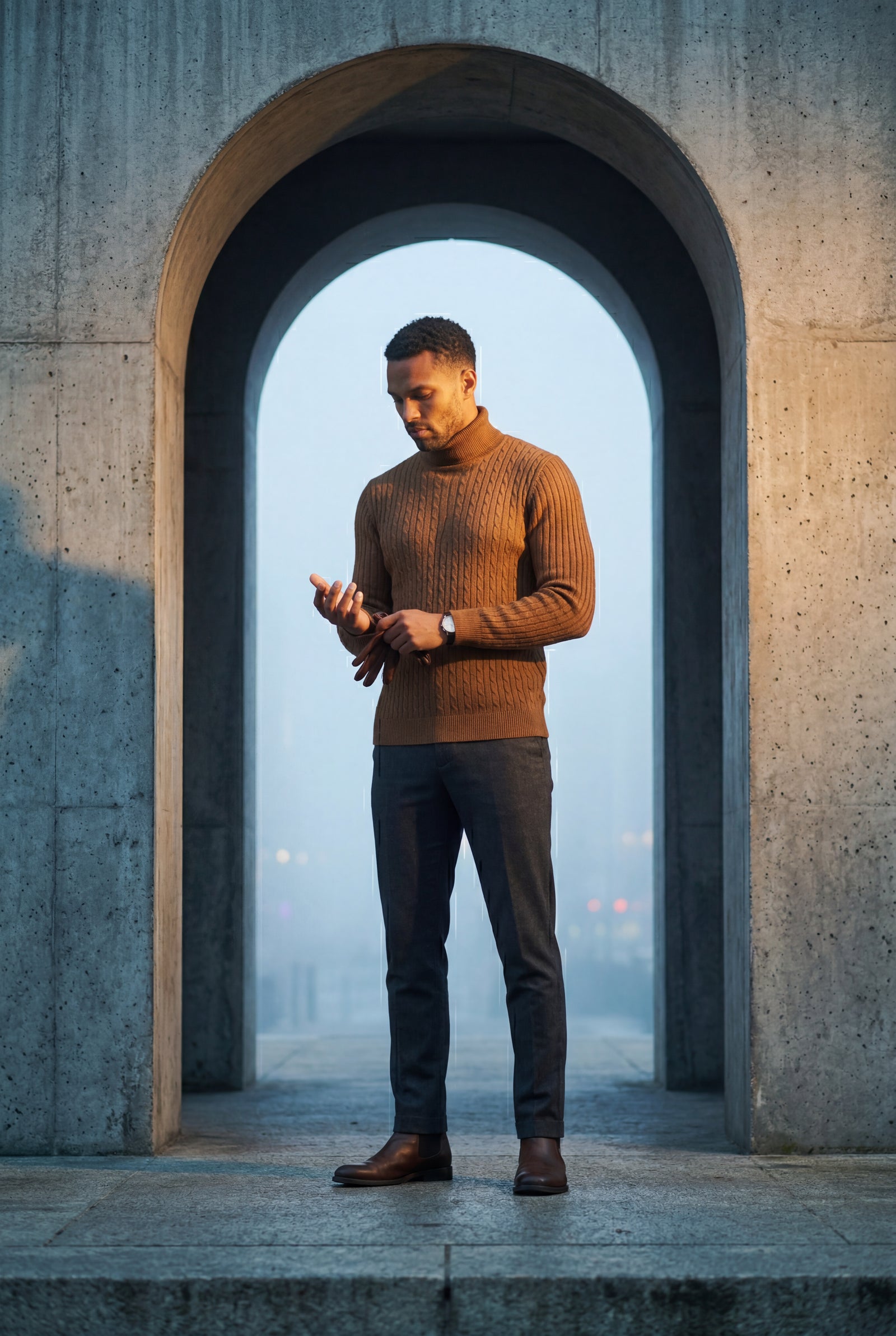 Brown Men's Cable Turtleneck Slim Fit Sweater - Turtleneck sweater - Photo 14