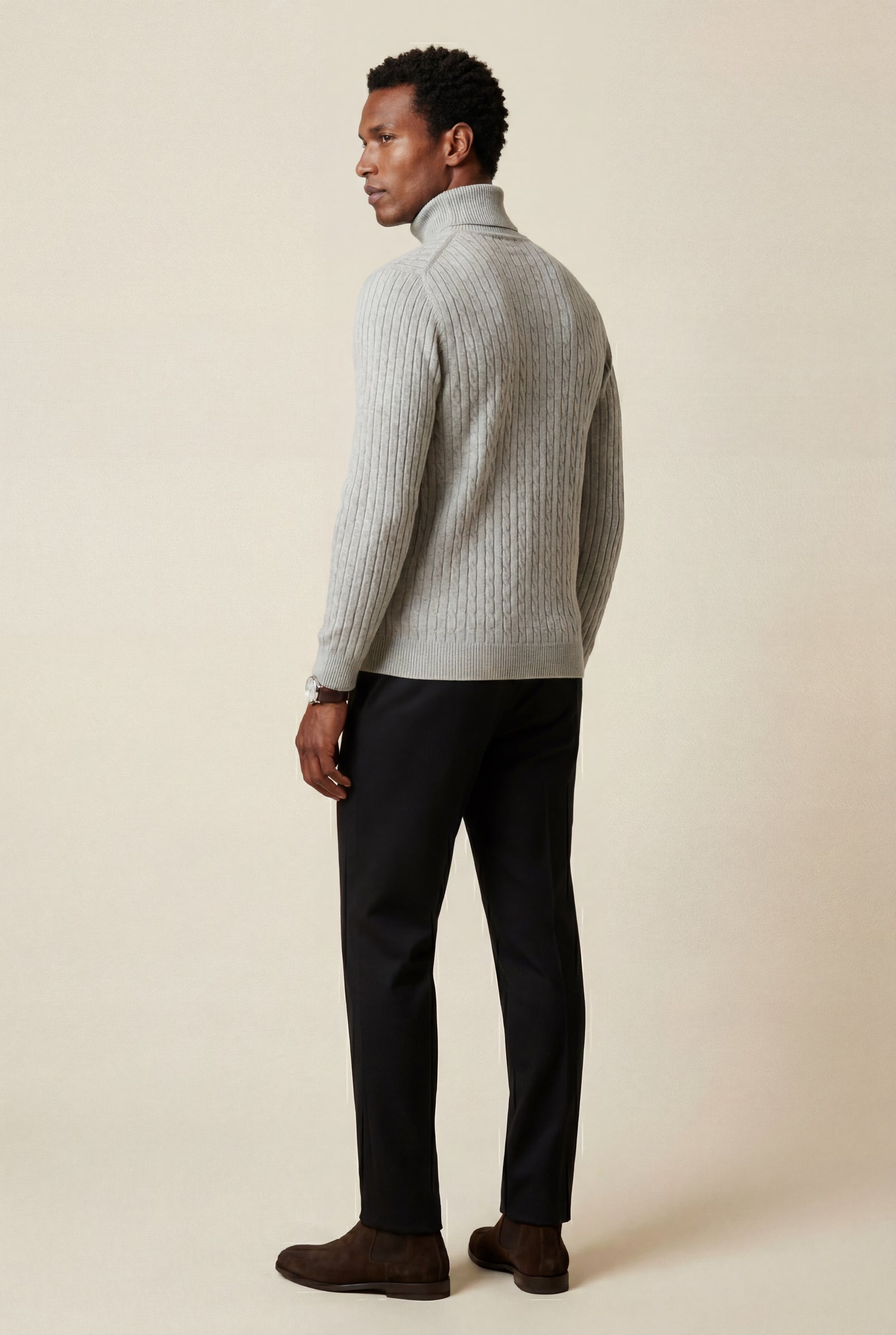 Light Gray Men's Cable Turtleneck Slim Fit Sweater - Turtleneck sweater - Photo 3