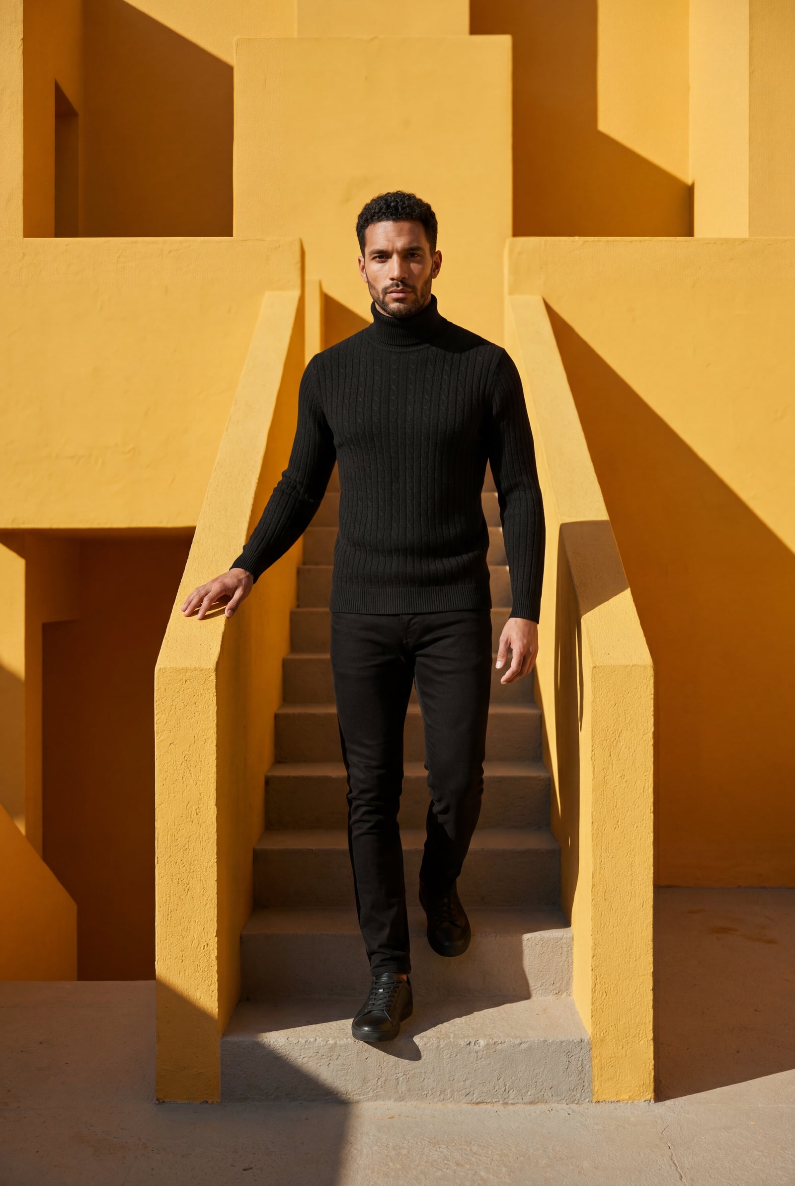 Black Men's Cable Turtleneck Slim Fit Sweater - Turtleneck sweater - Photo 4