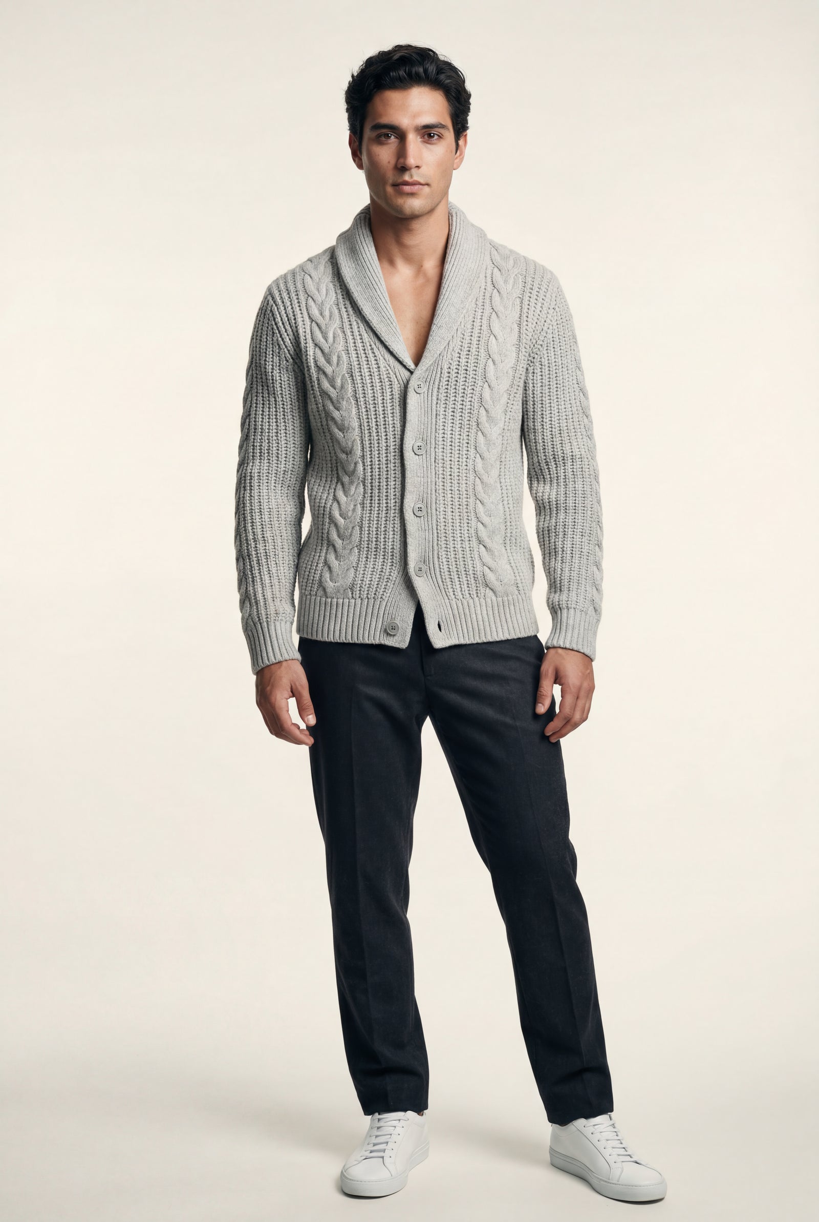 Light Gray Men's Chunky Cable Shawl Collar Cardigan - Photo 4