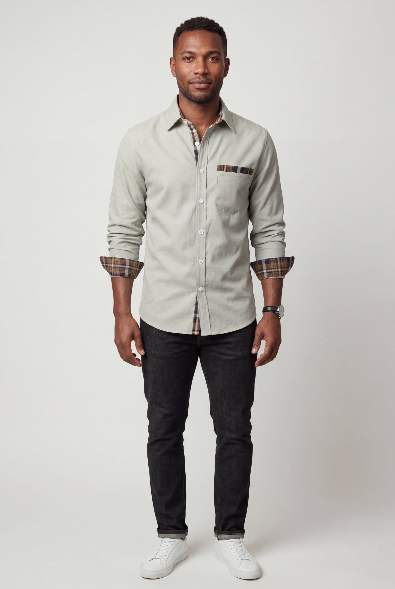 Light Gray Men's Plaid Trim Button-Up Casual Shirt - Photo 18
