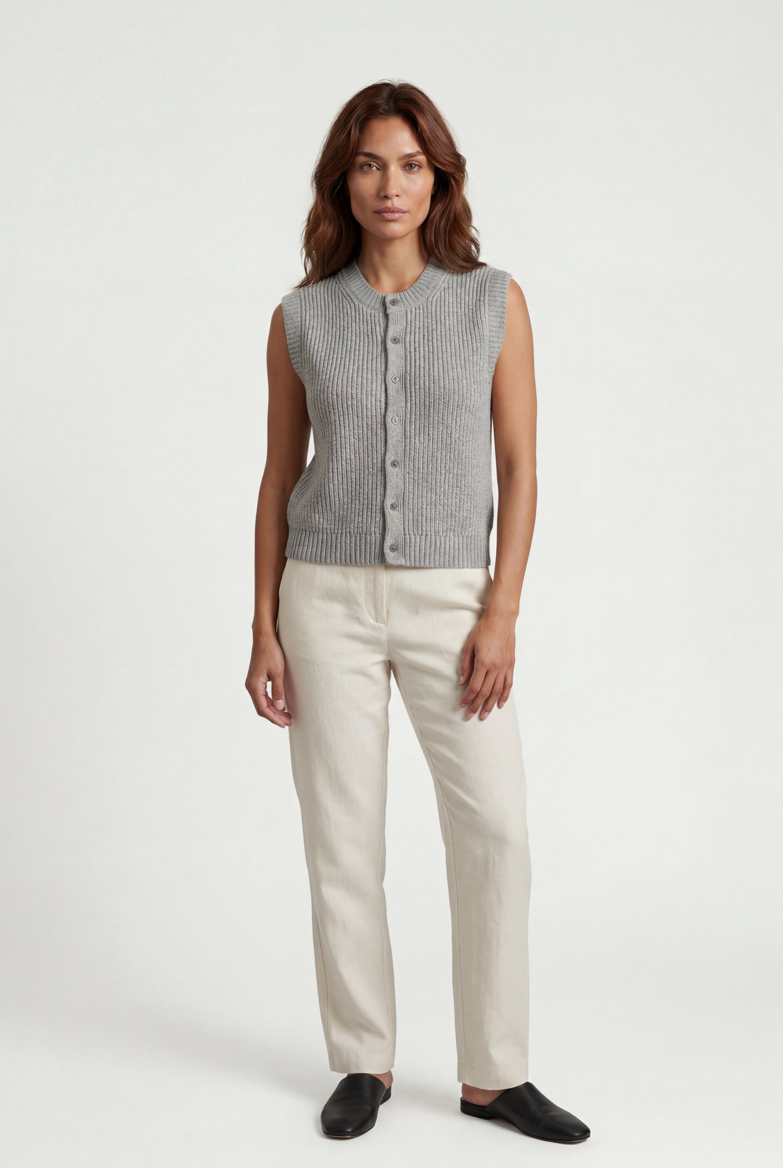 Light Gray Ribbed Button-front Sleeveless Crew Neck Vest - Sleeveless vest - Photo 1