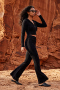 Black Ribbed Cropped Hoodie and Flared Pants Lounge Set - Cardigan and pants - Photo 11