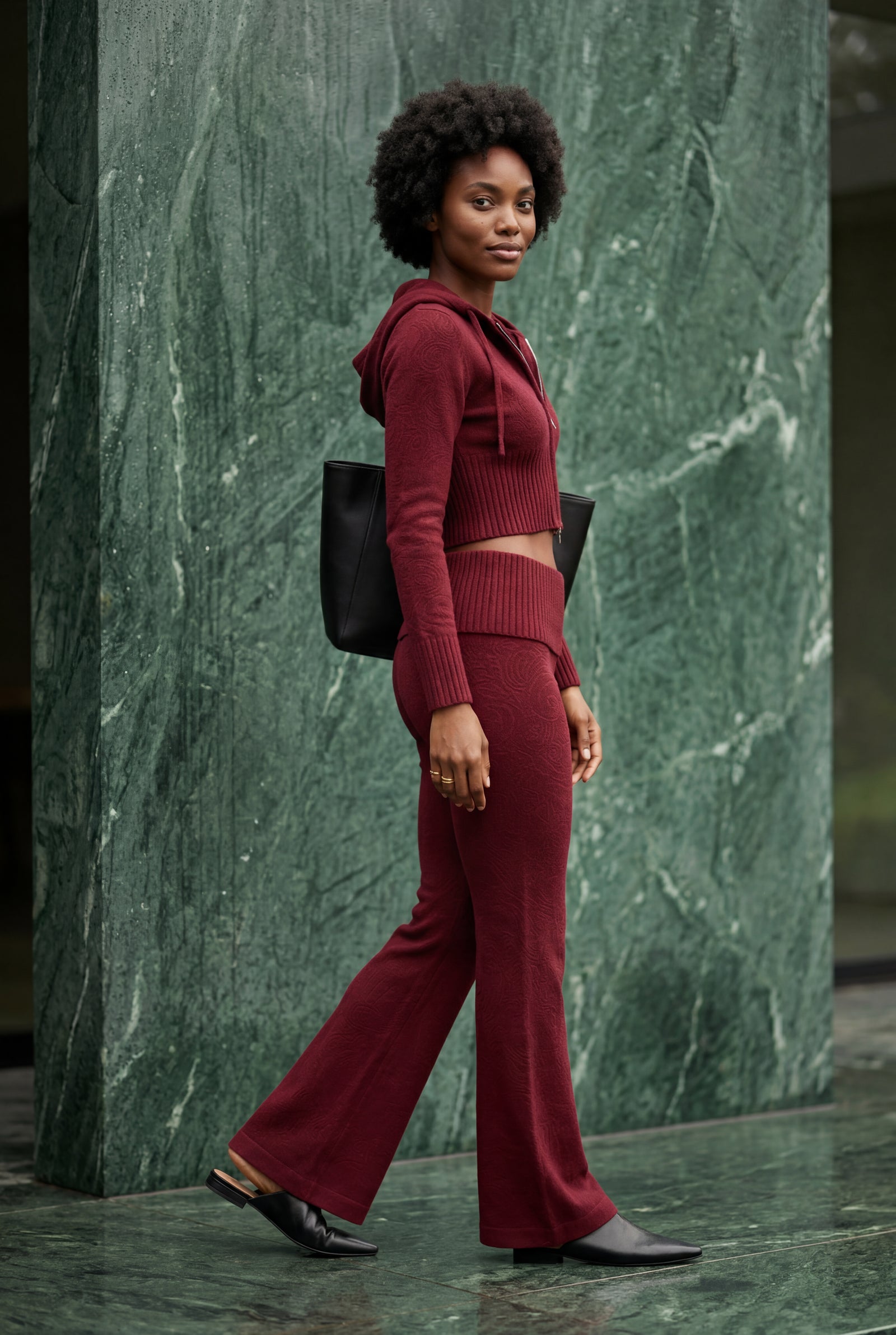Wine Red Ribbed Cropped Hoodie and Flared Pants Lounge Set - Cardigan and pants - Photo 16