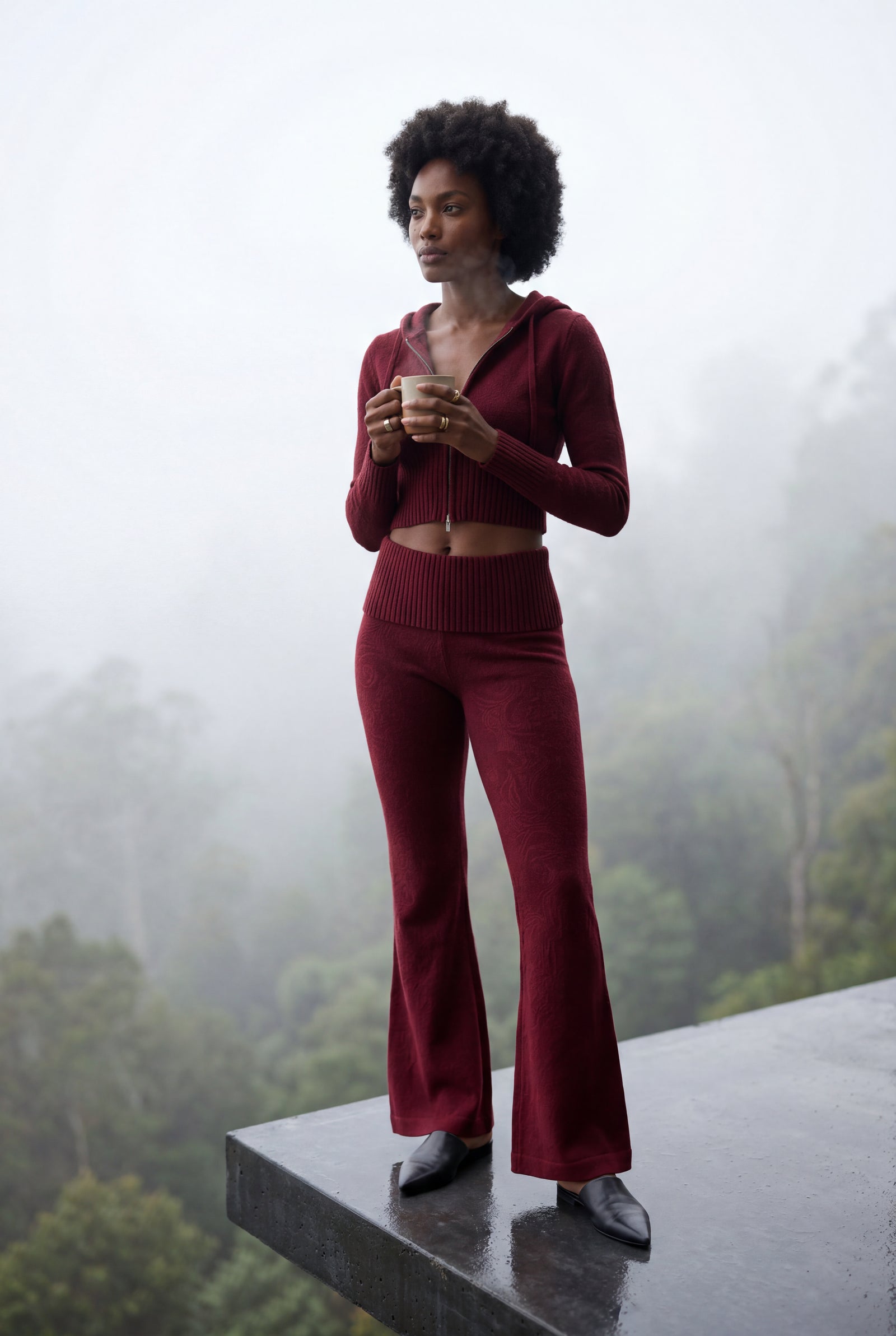 Wine Red Ribbed Cropped Hoodie and Flared Pants Lounge Set - Cardigan and pants - Photo 19